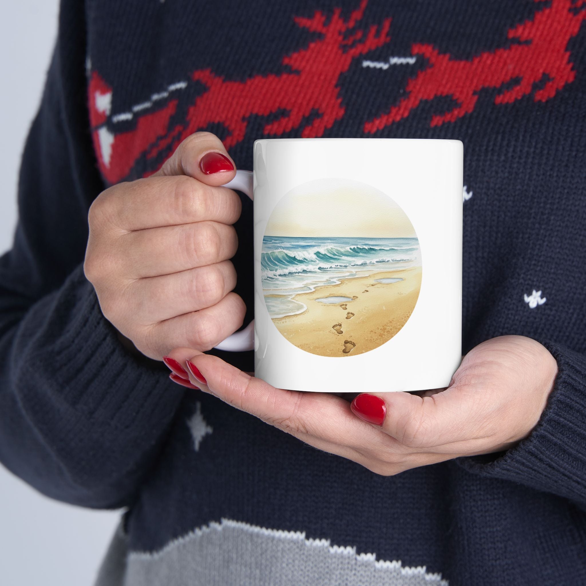 Sea Shore With Footprints In The Sand White Ceramic Mug — Beach Waves Getaway To Tranquility (11oz & 15oz)