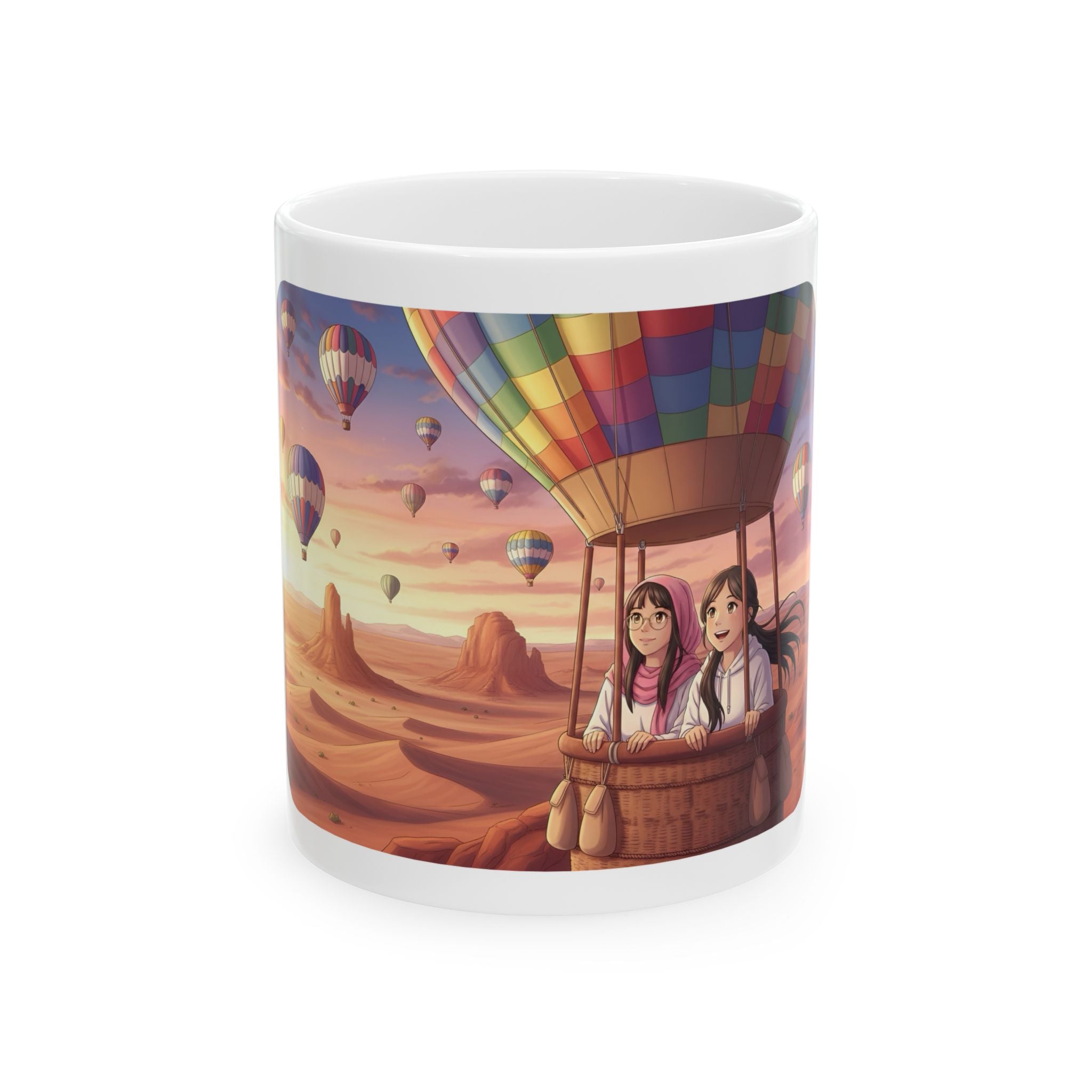 Best Friends Soaring in Hot Air Balloons White Ceramic Mug — True Wealth, Adventure, & Creativity Cup (11oz/15oz)