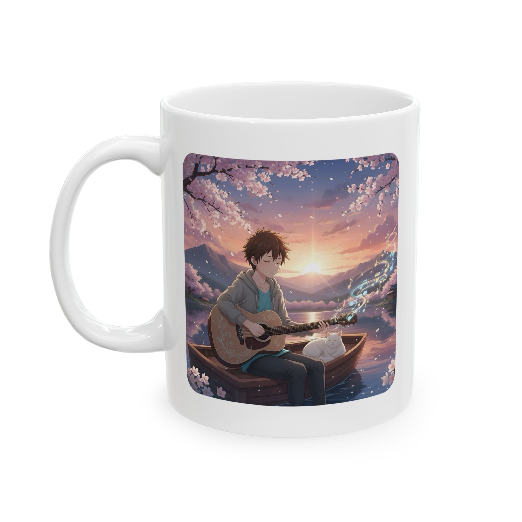 Guitarist & Cat Sunset Lake White Ceramic Mug — Tranquil Nature Music Scene (11oz, 15oz)