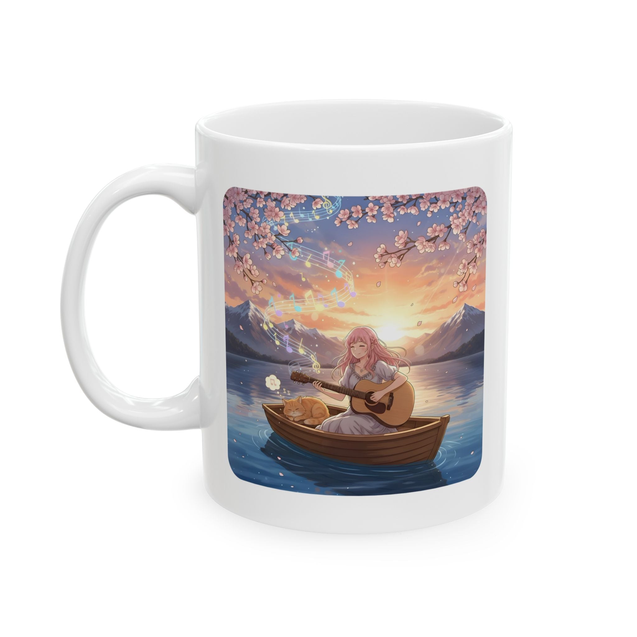Cozy Guitarist And Her Sleeping Ginger Cat White Ceramic Mug — Japanese Cherry Blossom Mountain Anime Cup (11oz/15oz)