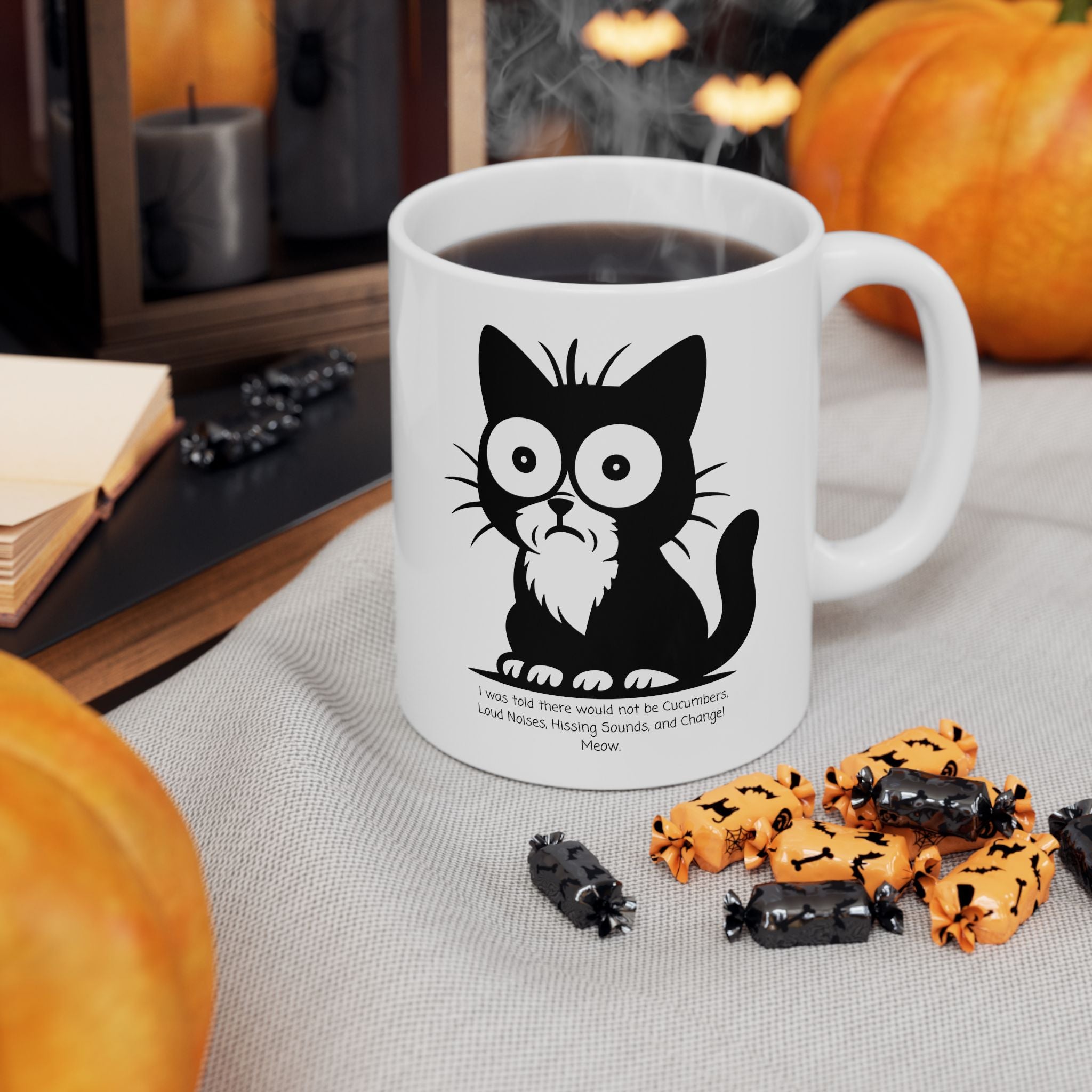 Cat Contemplating Catastrophe White Ceramic Mug - Cute Anxious Black Kitten Tea Cup (11oz & 15oz)