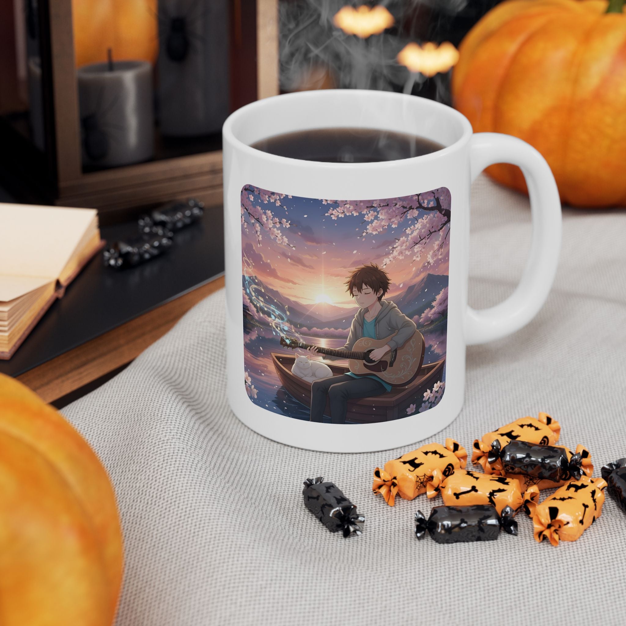 Guitarist & Cat Sunset Lake White Ceramic Mug — Tranquil Nature Music Scene (11oz, 15oz)