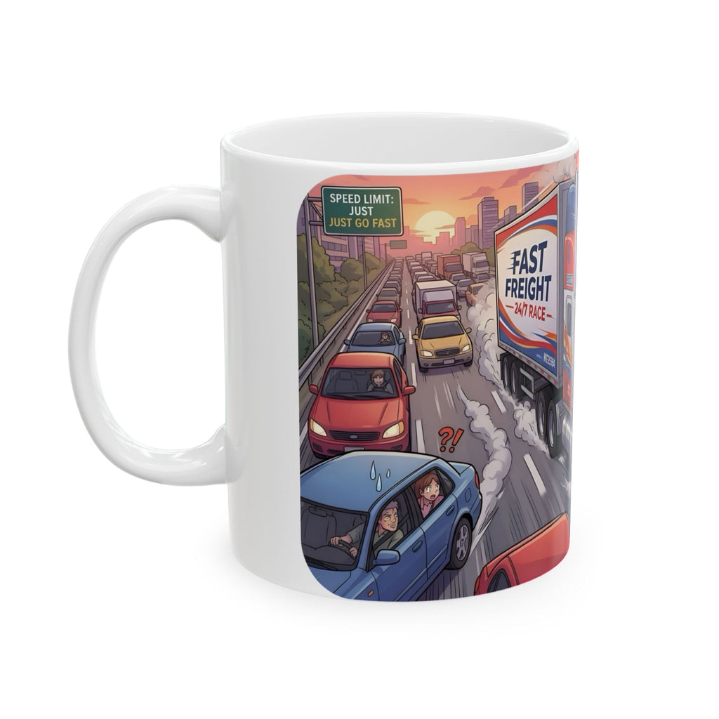 Trucker Life White Ceramic Mug – 'Fast Freight' Big Rig Tea Cup (11oz/15oz)