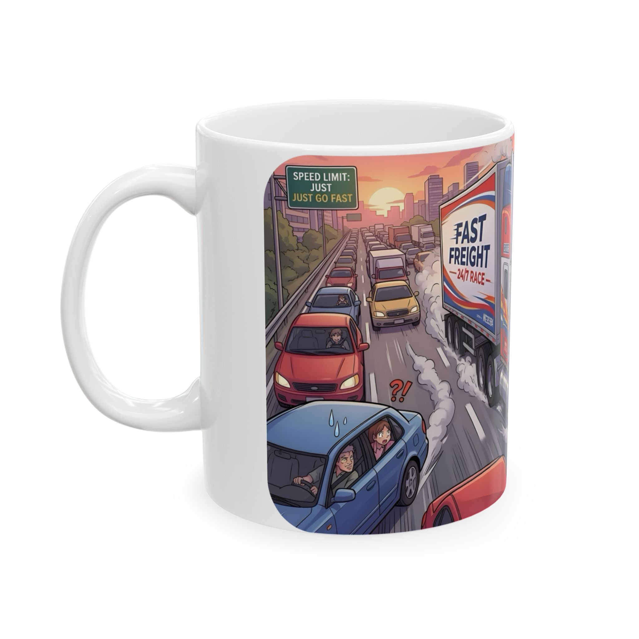Trucker Life White Ceramic Mug – 'Fast Freight' Big Rig Tea Cup (11oz/15oz)