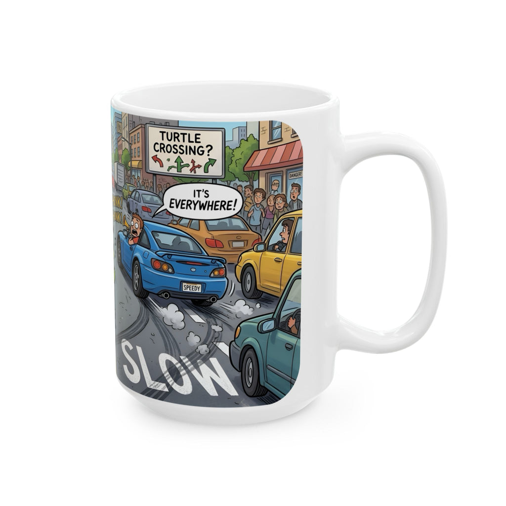 Cute Turtle Crossing White Ceramic Mug, Cruising Vibes Cup (11oz, 15oz)