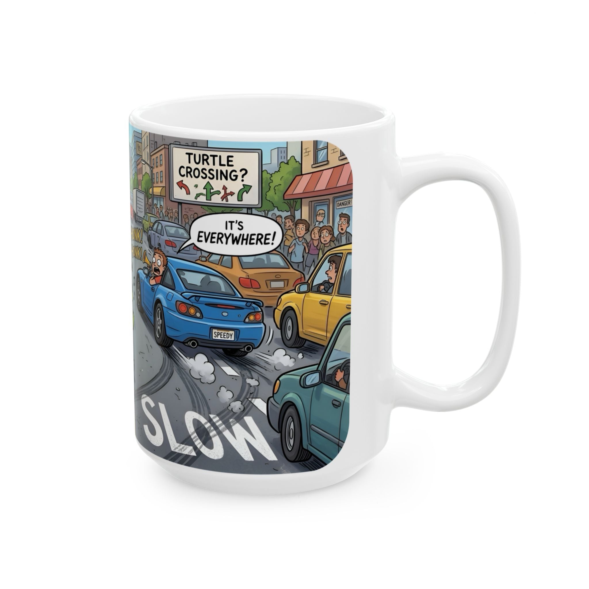 Cute Turtle Crossing White Ceramic Mug, Cruising Vibes Cup (11oz, 15oz)