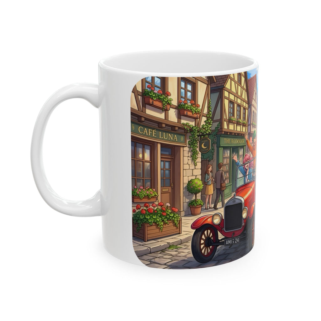Vintage Village Roadtrip #2 White Ceramic Mug — Classic Cars & Happy Town Friends Cup (11oz, 15oz)