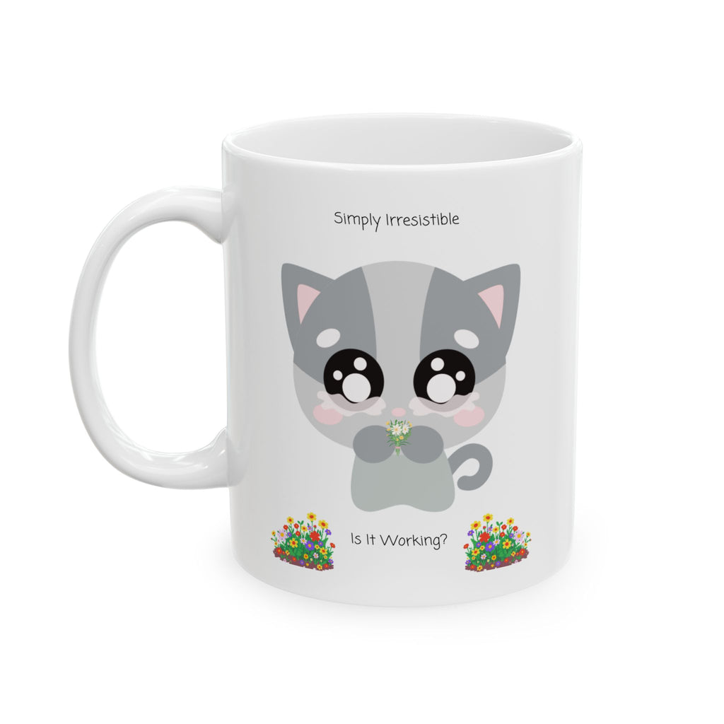 Cozy Simply Irresistible Cat White Ceramic Mug — Floral Kitten Lover Tea Cup (11oz, 15oz)