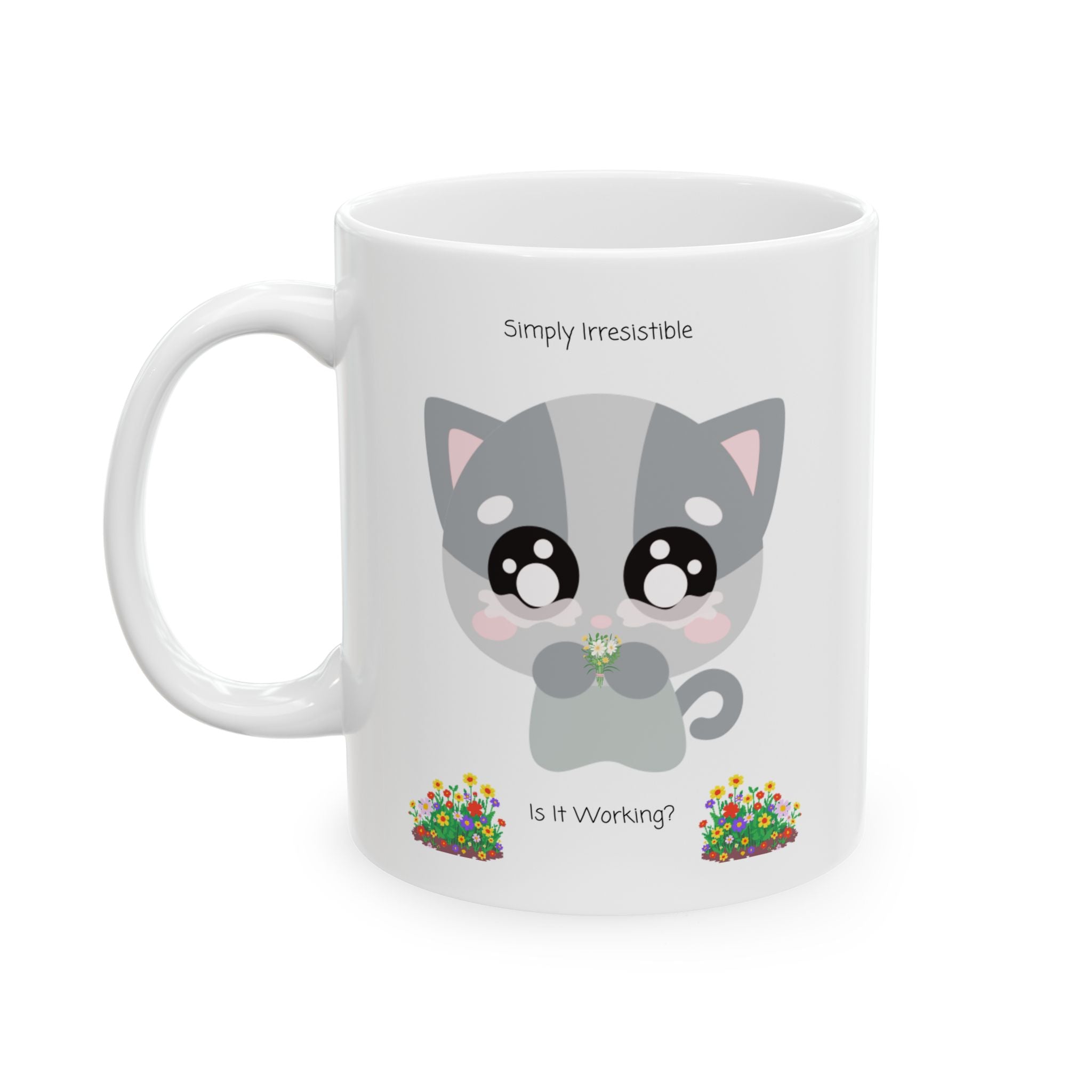 Cozy Simply Irresistible Cat White Ceramic Mug — Floral Kitten Lover Tea Cup (11oz, 15oz)