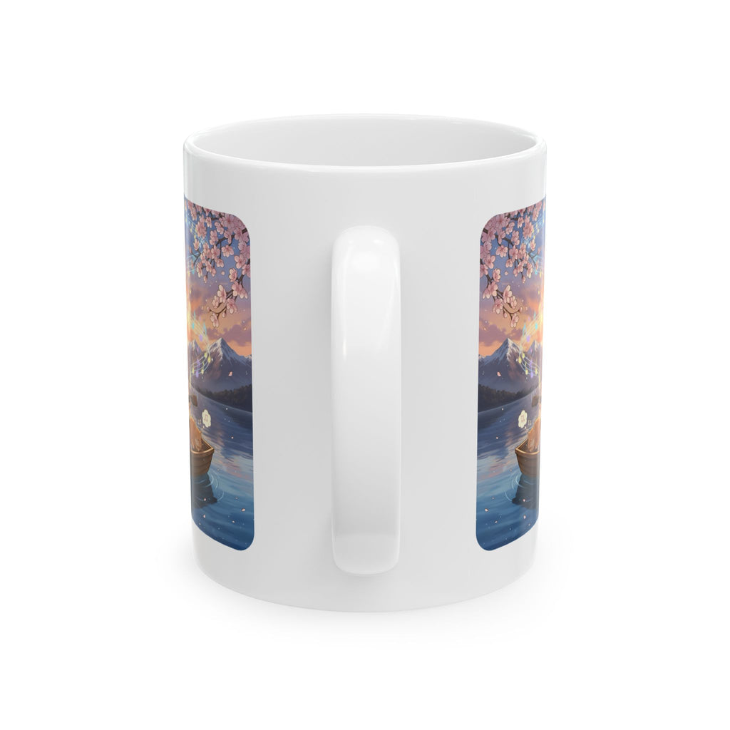 Cozy Guitarist And Her Sleeping Ginger Cat White Ceramic Mug — Japanese Cherry Blossom Mountain Anime Cup (11oz/15oz)