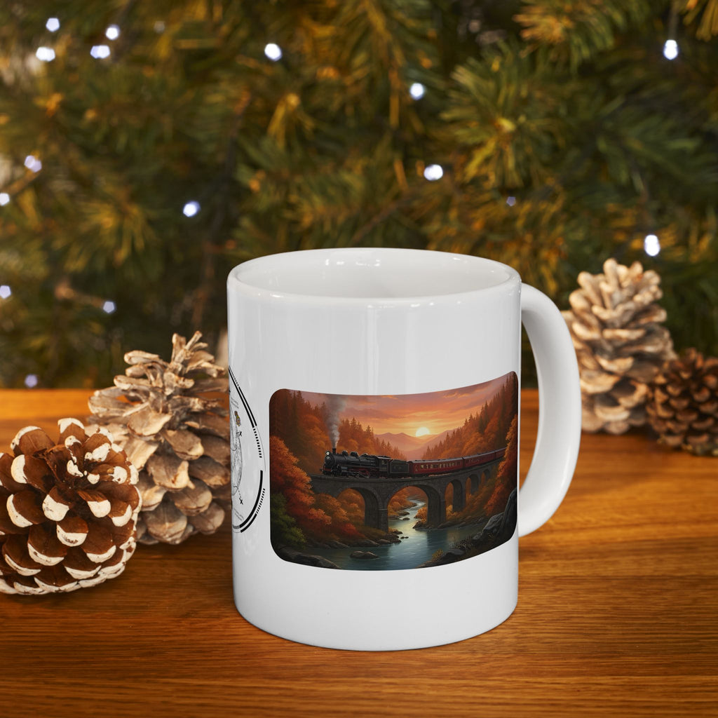 Desert Canyon Sunset Railway White Ceramic Mug — Vintage Steam Train Forest Viaduct Cup (11oz/15oz)