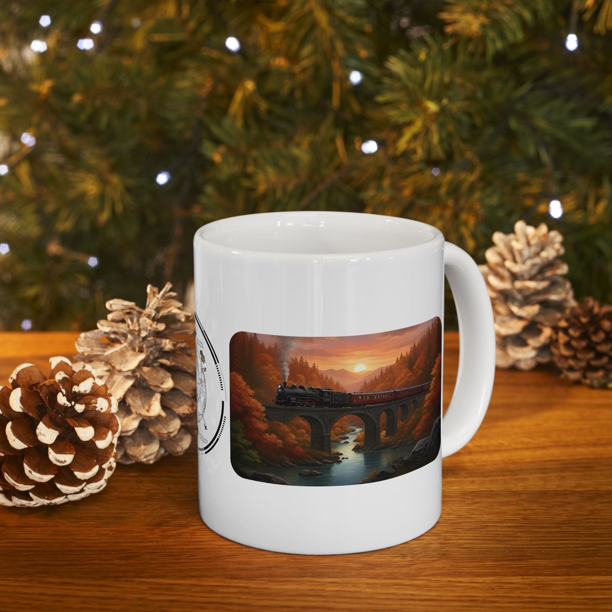 Desert Canyon Sunset Railway White Ceramic Mug — Vintage Steam Train Forest Viaduct Cup (11oz/15oz)