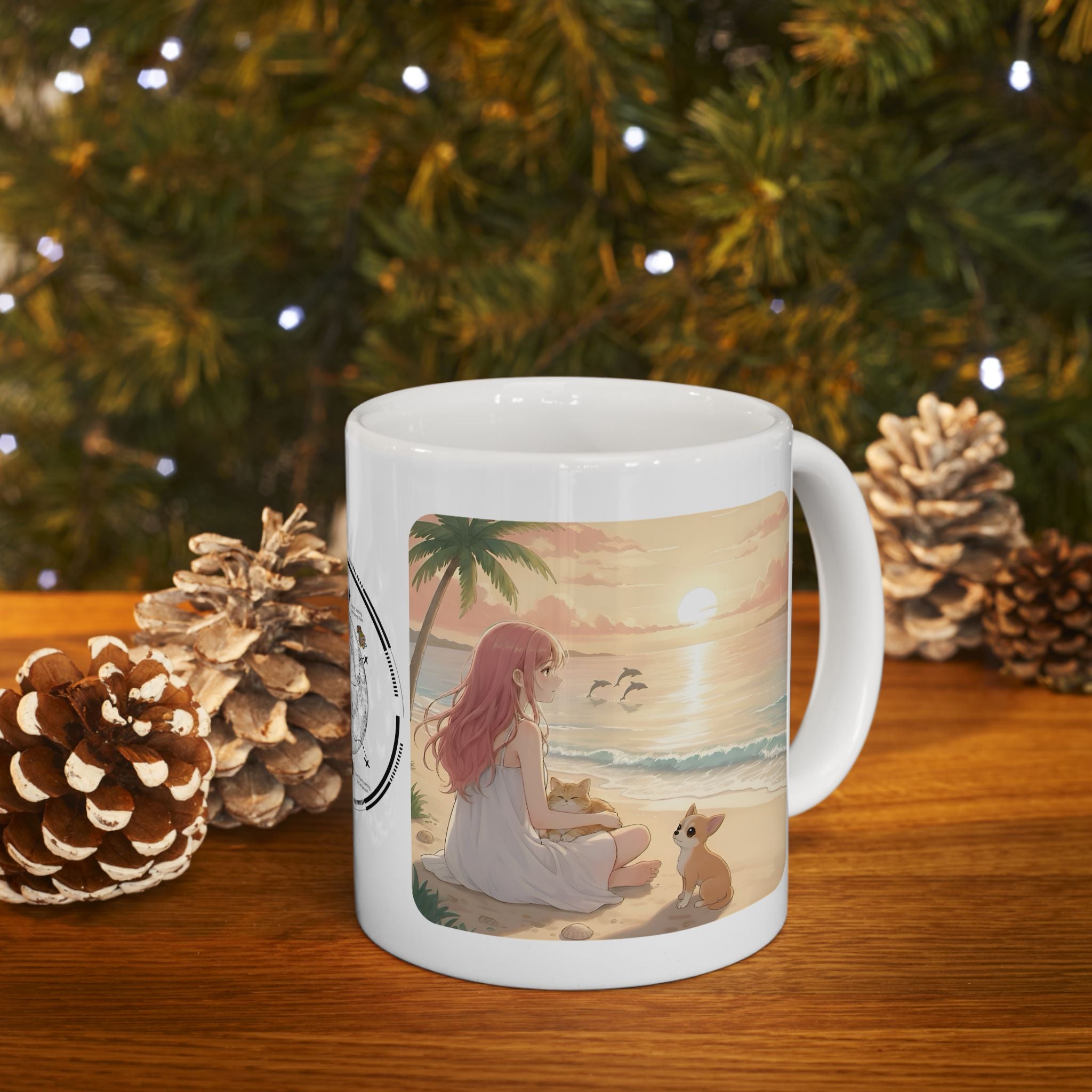 Chihuahua Dog Orange Cat Sunset & Sunflower White Ceramic Mug — Peaceful Waves Anime Girl Boho Beach Vibes Cup (11oz, 15oz)