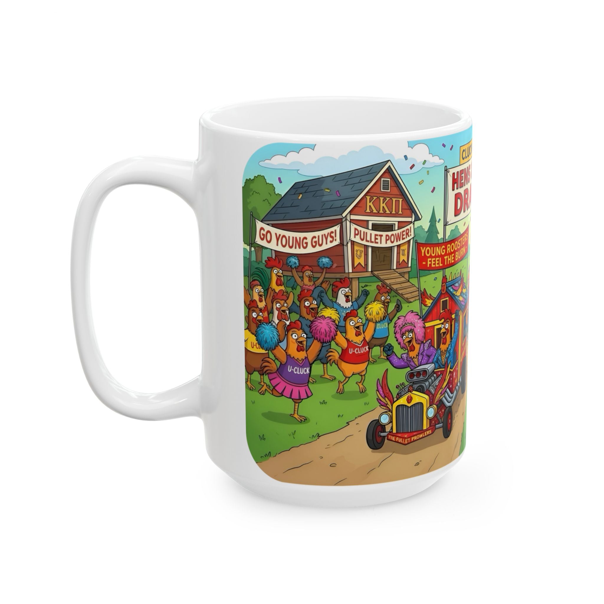 Hens & Roosters Drag Race White Ceramic Mug — Funny Farm Fraternity Racing Tea Cup (11oz/15oz)