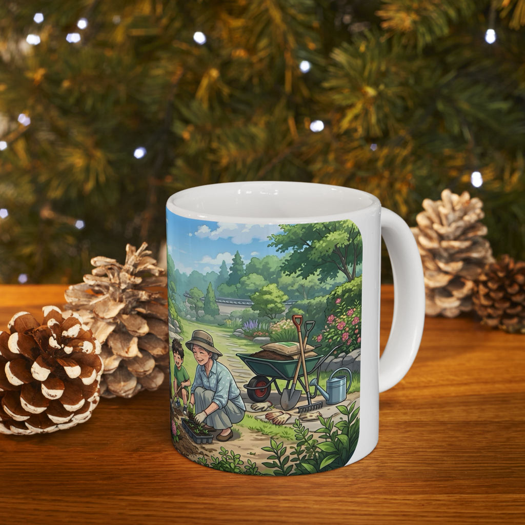 Garden Family Love White Ceramic Mug — Cozy Countryside Landscaping Tea Cup (11oz & 15oz)