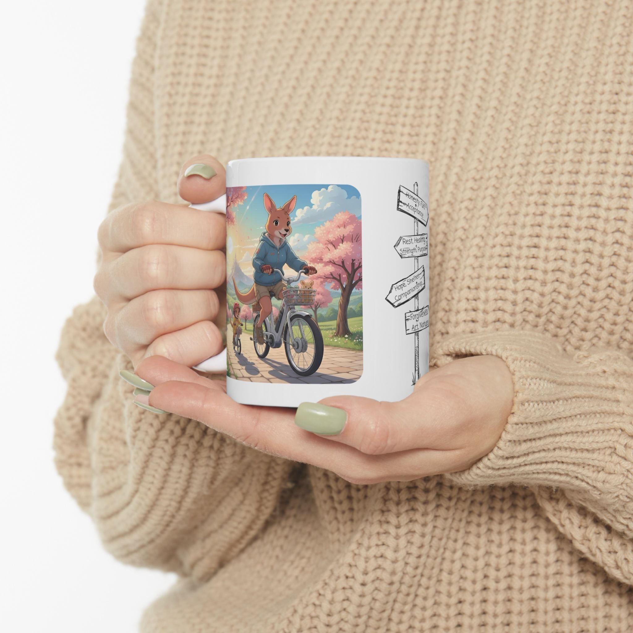 Too Cute to Handle!  Kangaroo Mom & Joey Biking Under Cherry Blossoms White Ceramic Mug — Mommy & Me Anime Bike Adventure Cup for Happy Sips, 11oz & 15oz