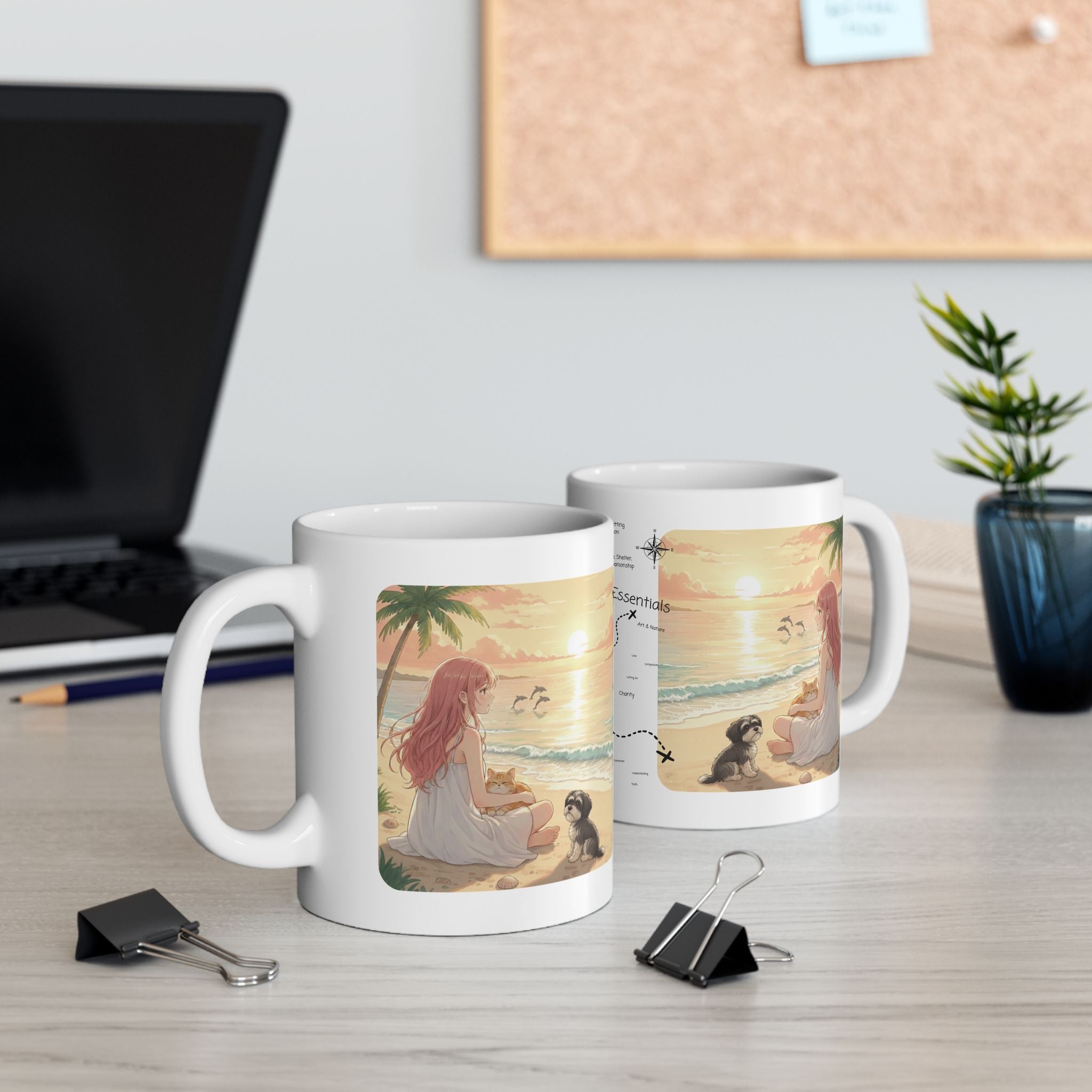Havanese Shih Tzu & Orange Cat Tropical Seascape White Ceramic Mug, Cozy Owner and Pet Mom on Beach Cup (11oz, 15oz)