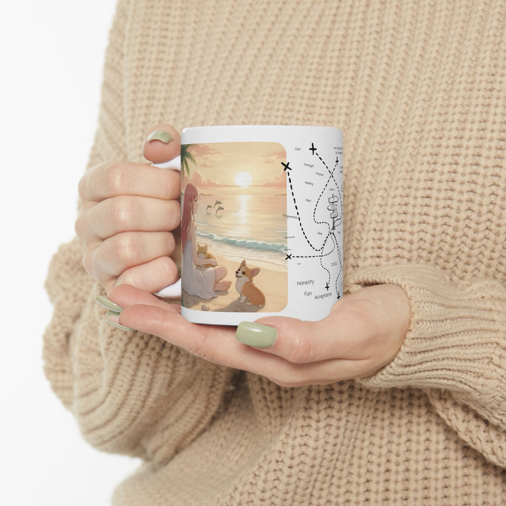 Cute Corgi Dog & Orange Cat Tropical Seascape White Ceramic Mug, Cozy Pembroke Welsh Corgi Mom on Beach Cup (11oz, 15oz)