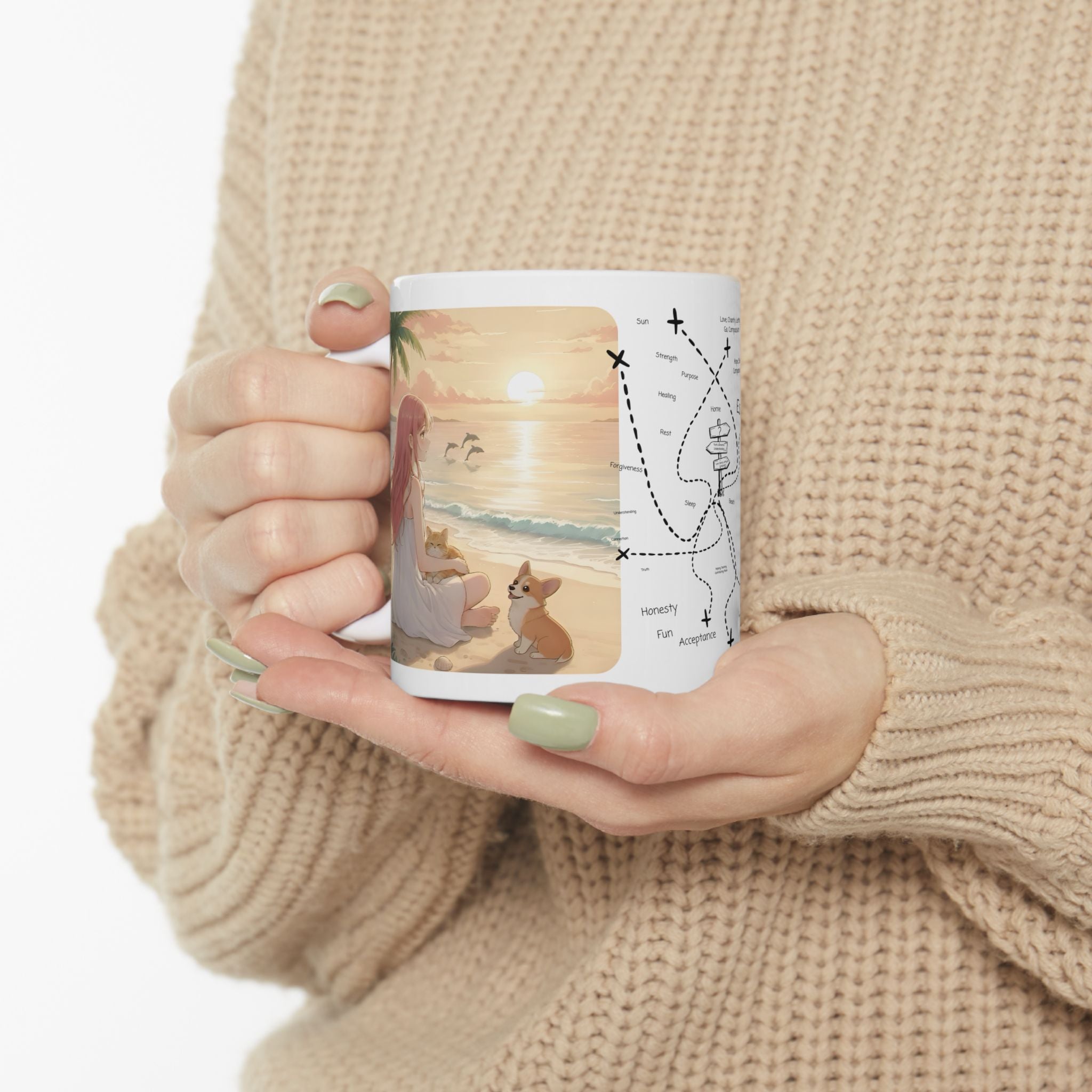 Cute Corgi Dog & Orange Cat Tropical Seascape White Ceramic Mug, Cozy Pembroke Welsh Corgi Mom on Beach Cup (11oz, 15oz)