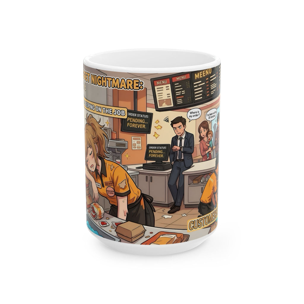 Funny Fast-Food Shift White Ceramic Mug – “Worst Nightmares” Comic Cafe Cup (11oz/15oz)