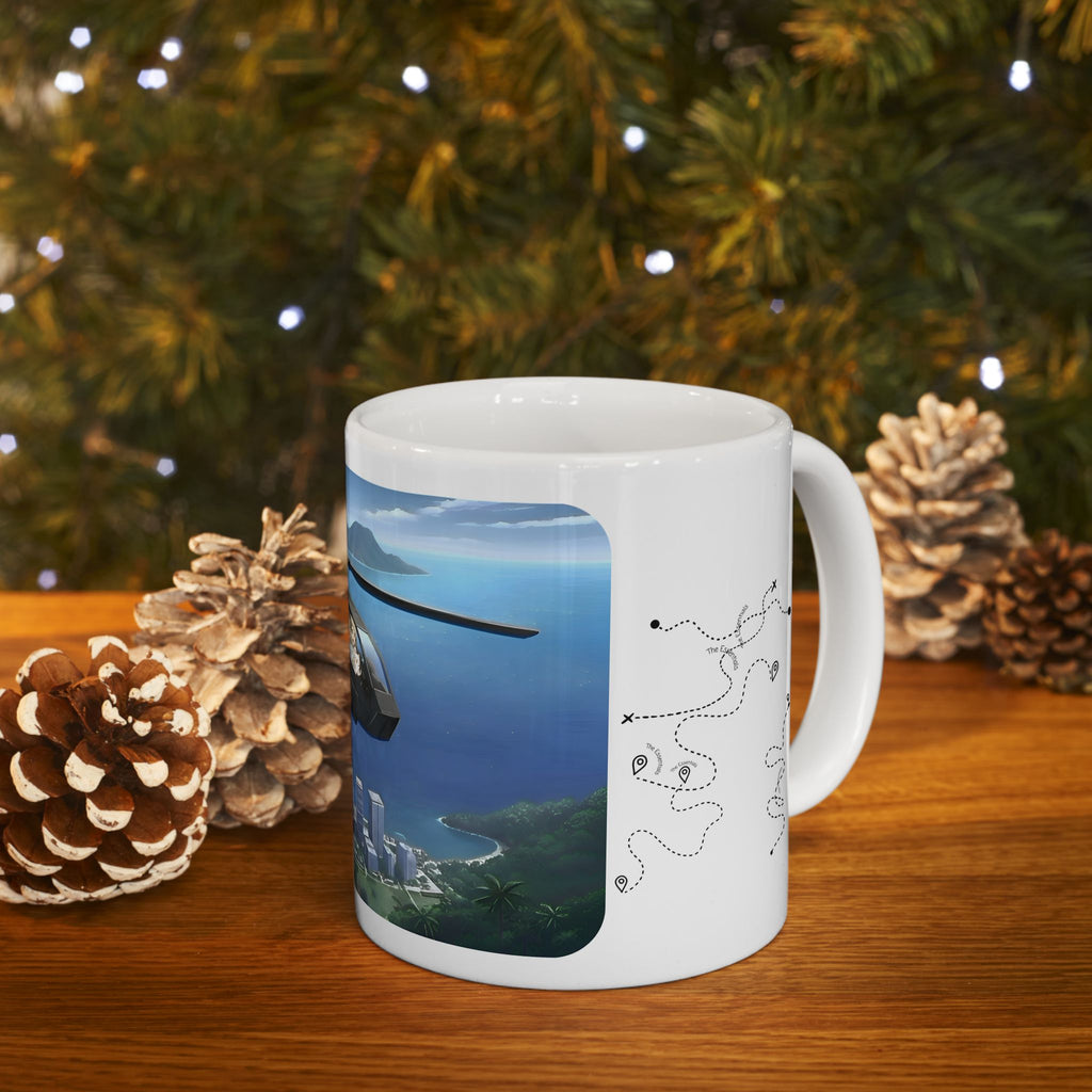 Anime Helicopter Adventure #7 Kawaii Kittens Over Tropical Beachy Metro White Ceramic Mug – Celebrating Companionship, Creativity & Life’s Little Wonders Cup (11oz/15oz)