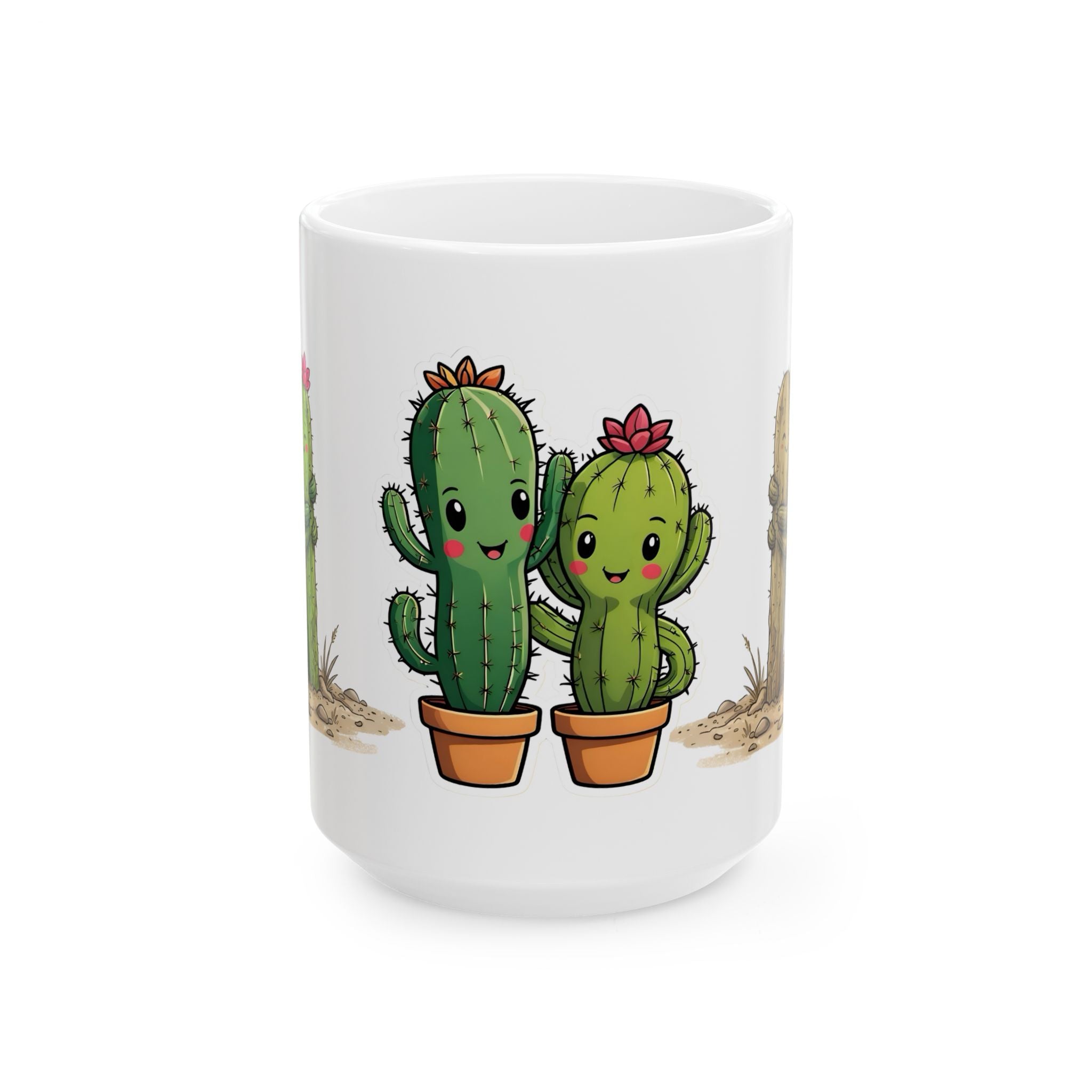 Cactus Couple White Ceramic Mug — Cute Potted Terracotta Tea Cup (11oz & 15oz)