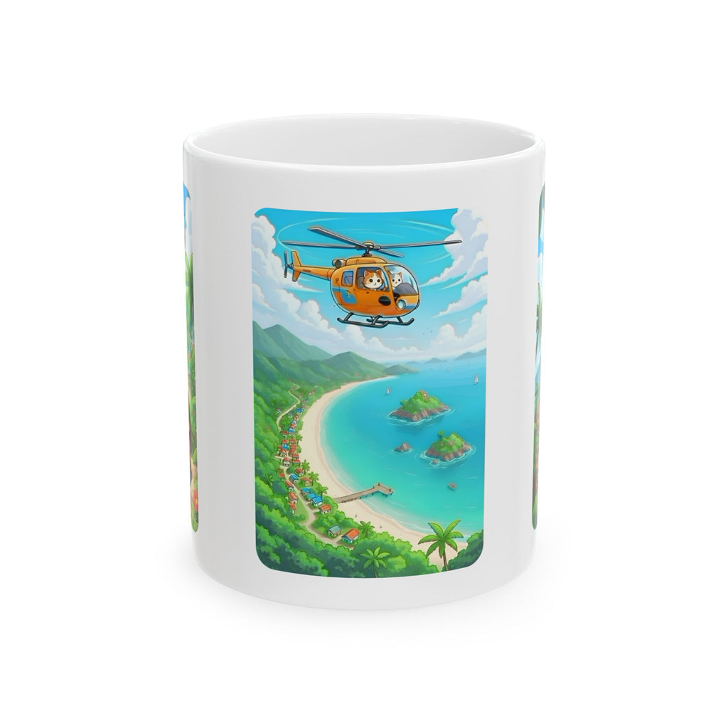 Tropical Chibi Cats Helicopter Adventure White Ceramic Mug — Kawaii Cats Hot Air Balloon Summer Cup (11oz & 15oz)
