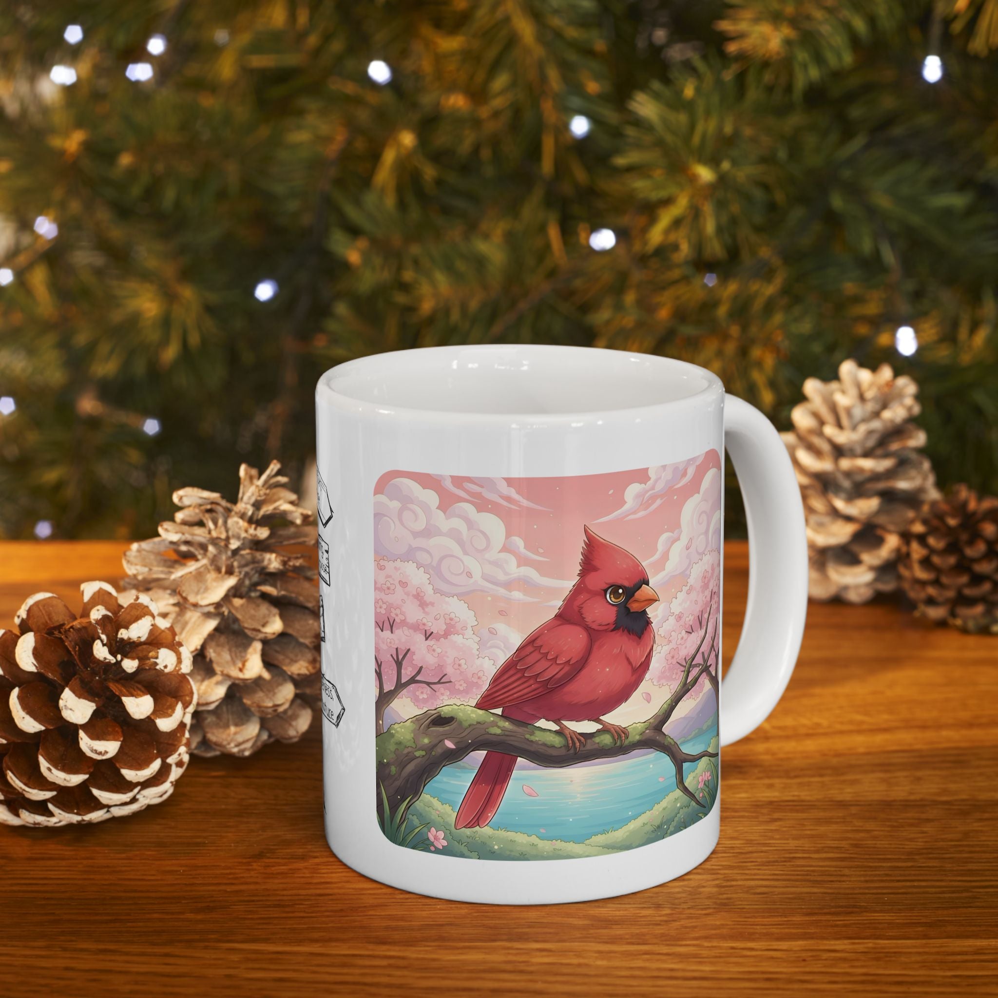 Kawaii Red Cardinal Quiet Moments White Ceramic Mug in Sakura Japan, Cozy Sakura Serenity Japanese Cherry Blossom Landscape Cup, 11oz & 15oz