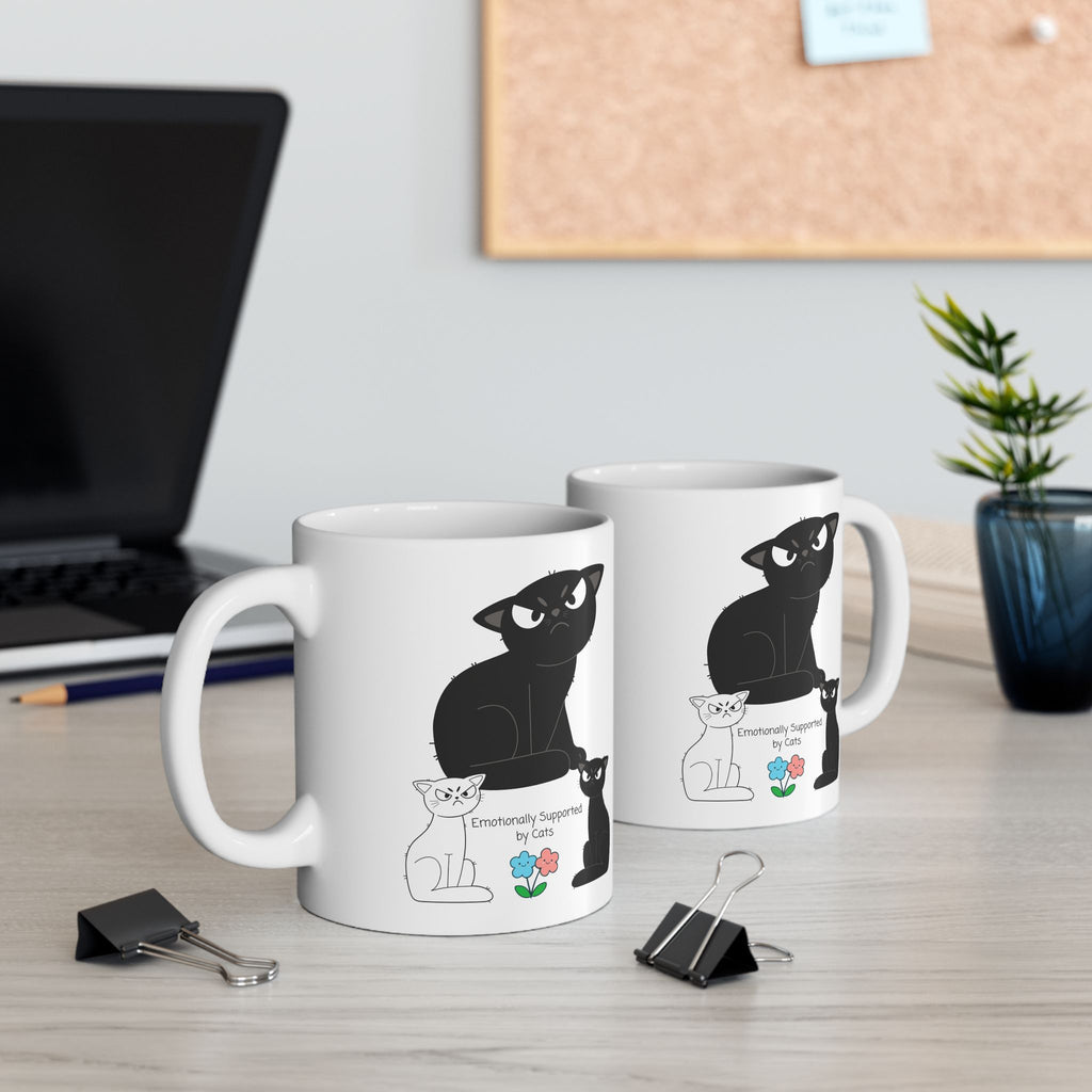 Emotionally Supported by Cats White Ceramic Mug – Cute Black & White Sassy Kitties Tea Cup (11oz & 15oz)
