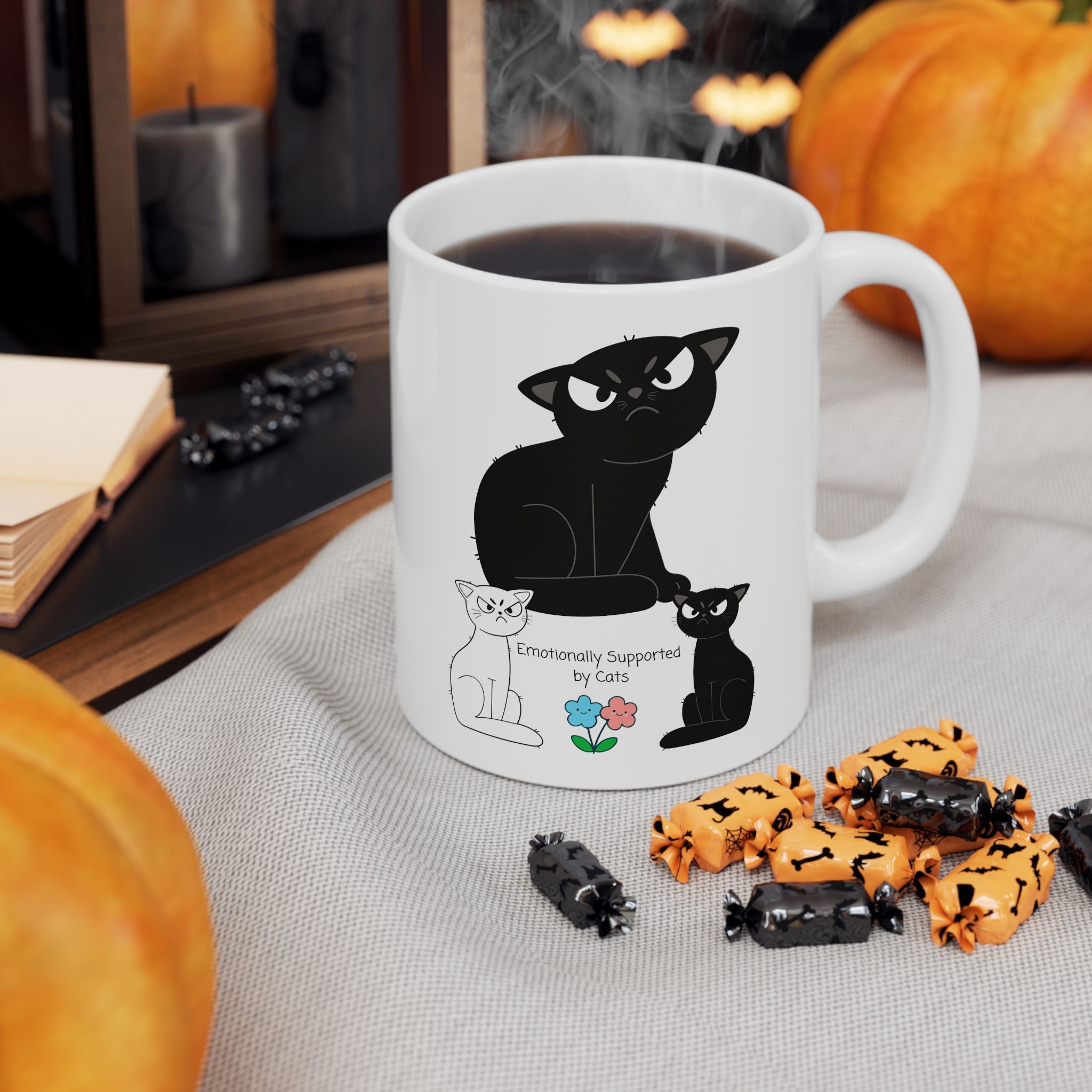 Emotionally Supported by Cats White Ceramic Mug – Cute Black & White Sassy Kitties Tea Cup (11oz & 15oz)