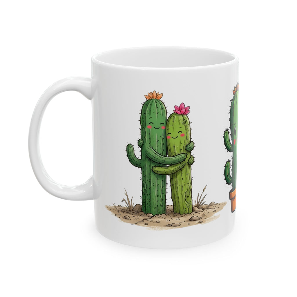 Cactus Couple White Ceramic Mug — Cute Potted Terracotta Tea Cup (11oz & 15oz)