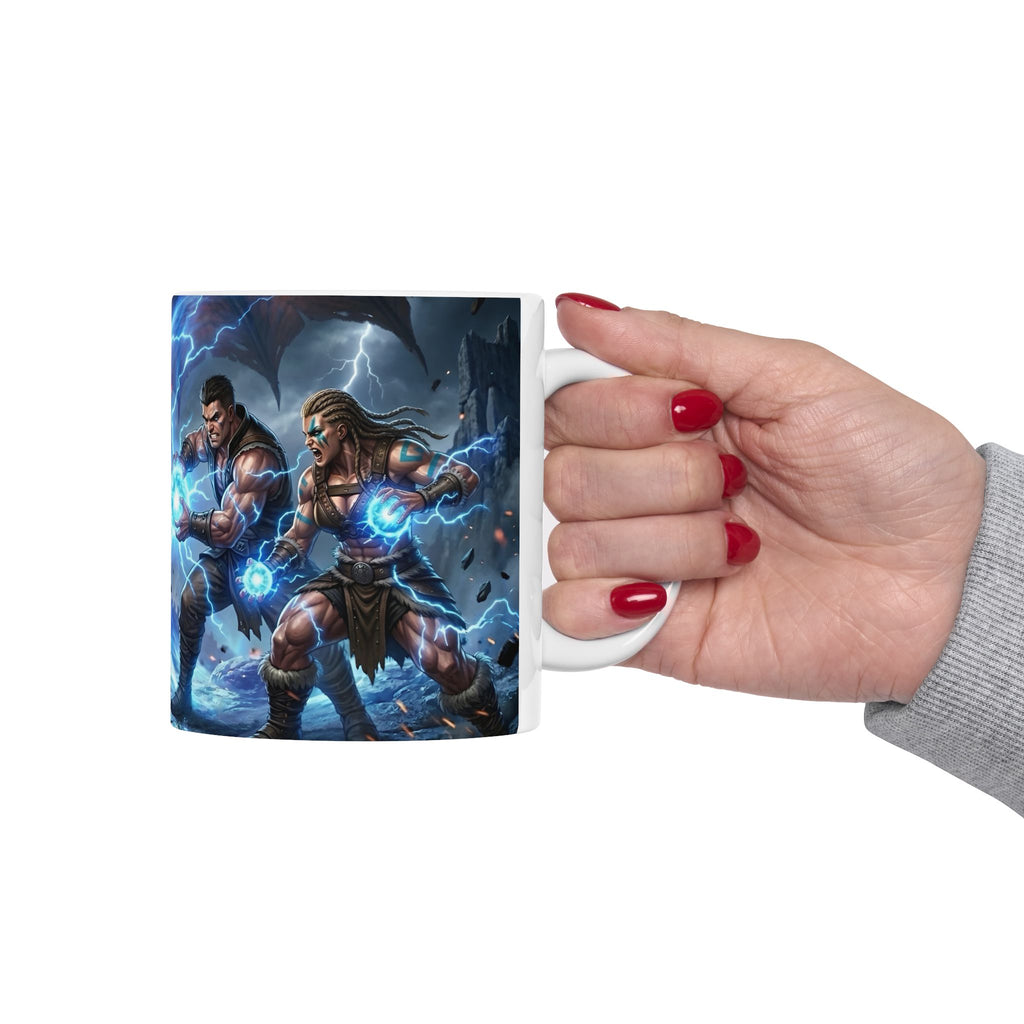 Dragon Battle #4 White Ceramic Mug — Epic Fantasy Gaming Adventure Scene (11oz, 15oz)