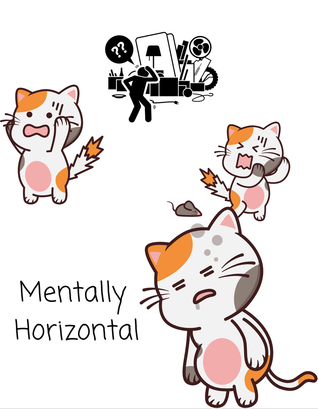 Funny "Mentally Horizontal" Cat Chaos White Ceramic Mug — Frantic Kitties in a Trashed Room (11oz & 15oz)