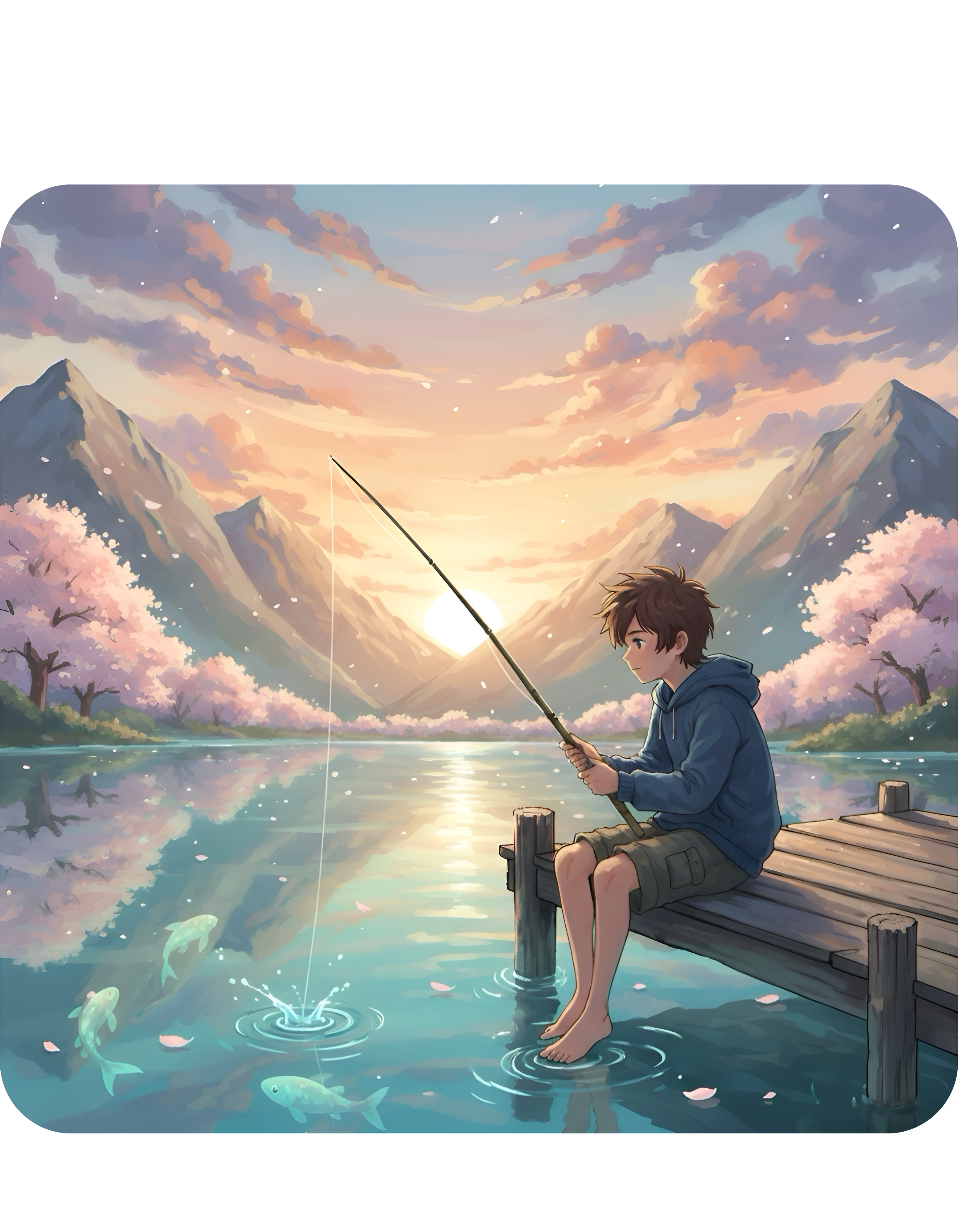 Boy Fishing at Sunset on Lakefront Pier White Ceramic Mug, Mountain View Cherry Blossom Serenity Cup (11oz, 15oz)