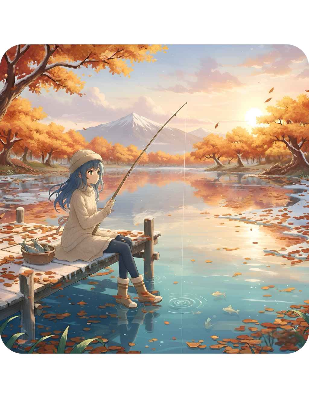 Cozy Anime Girl Joyful Fishing Lake Adventure White Ceramic Mug — Scenic Autumn Aesthetic Mountain Landscape Tea Cup (11oz/15oz)