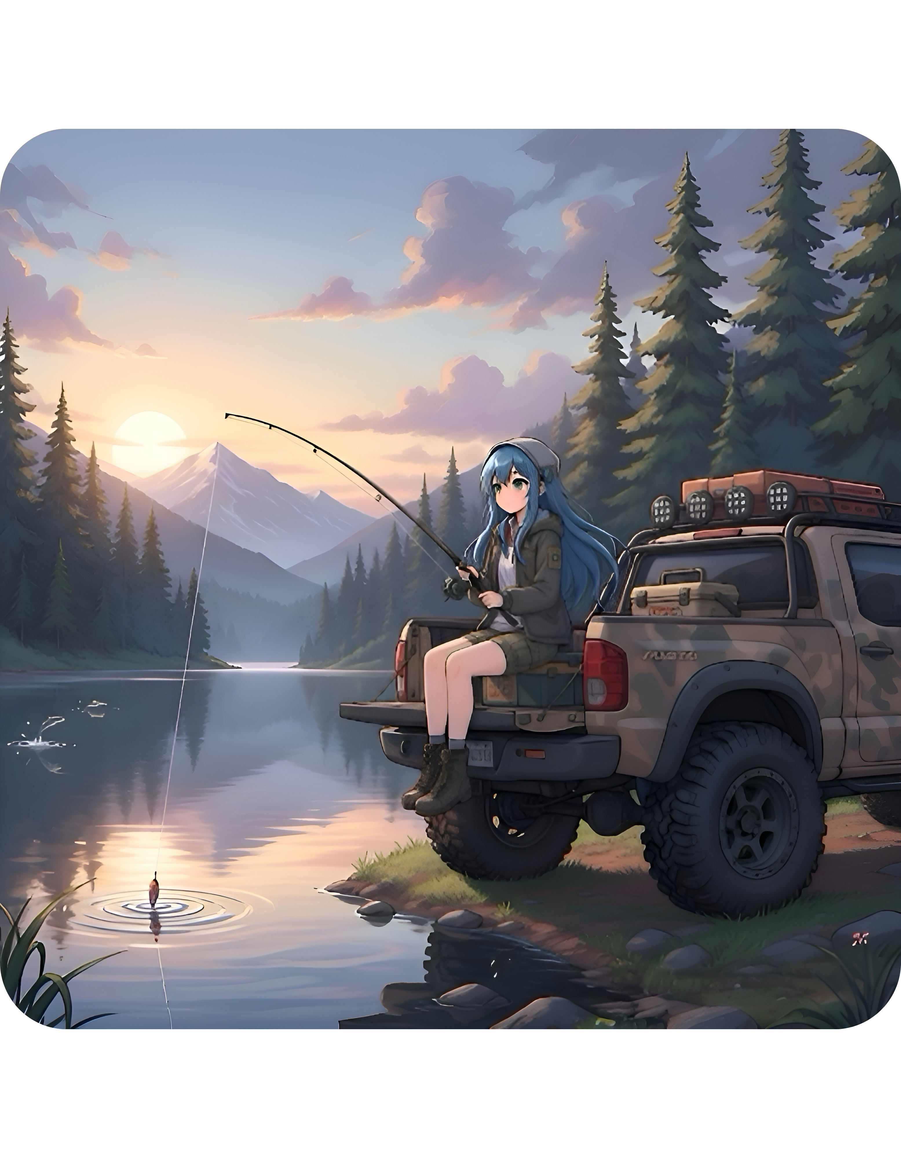 Cozy Anime Girl Tailgate Fishing Adventure White Ceramic Mug — Vintage Truck, Lake Sunrise Tea Cup (11oz/15oz)