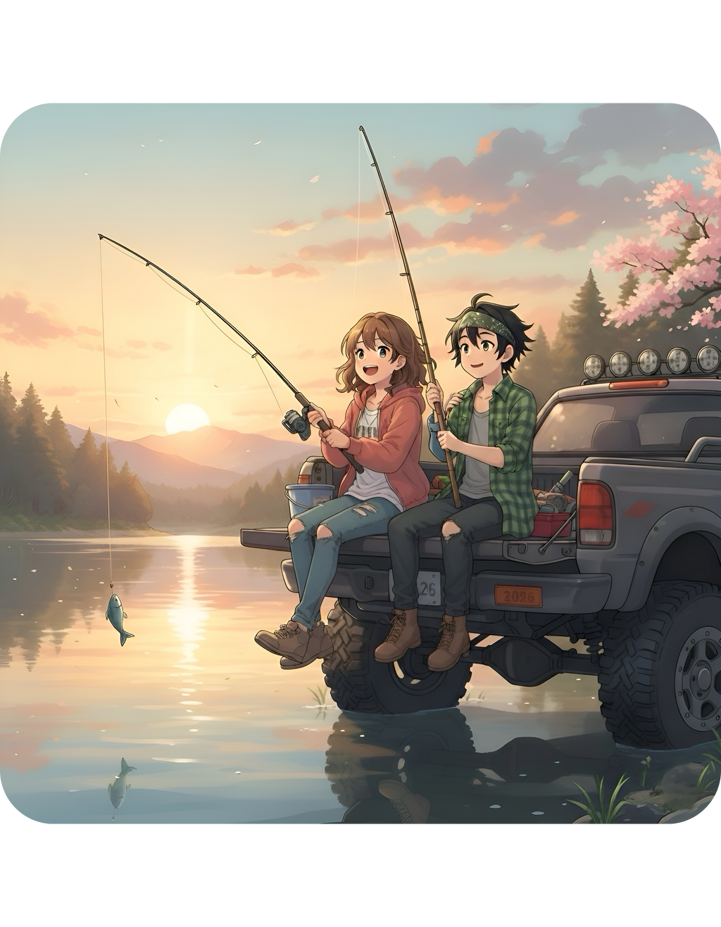 Romantic Sunset Lake Fishing Couple White Ceramic Mug — Sunrise Lake, Truck & Rod Anime Camping Adventure 11oz/15oz