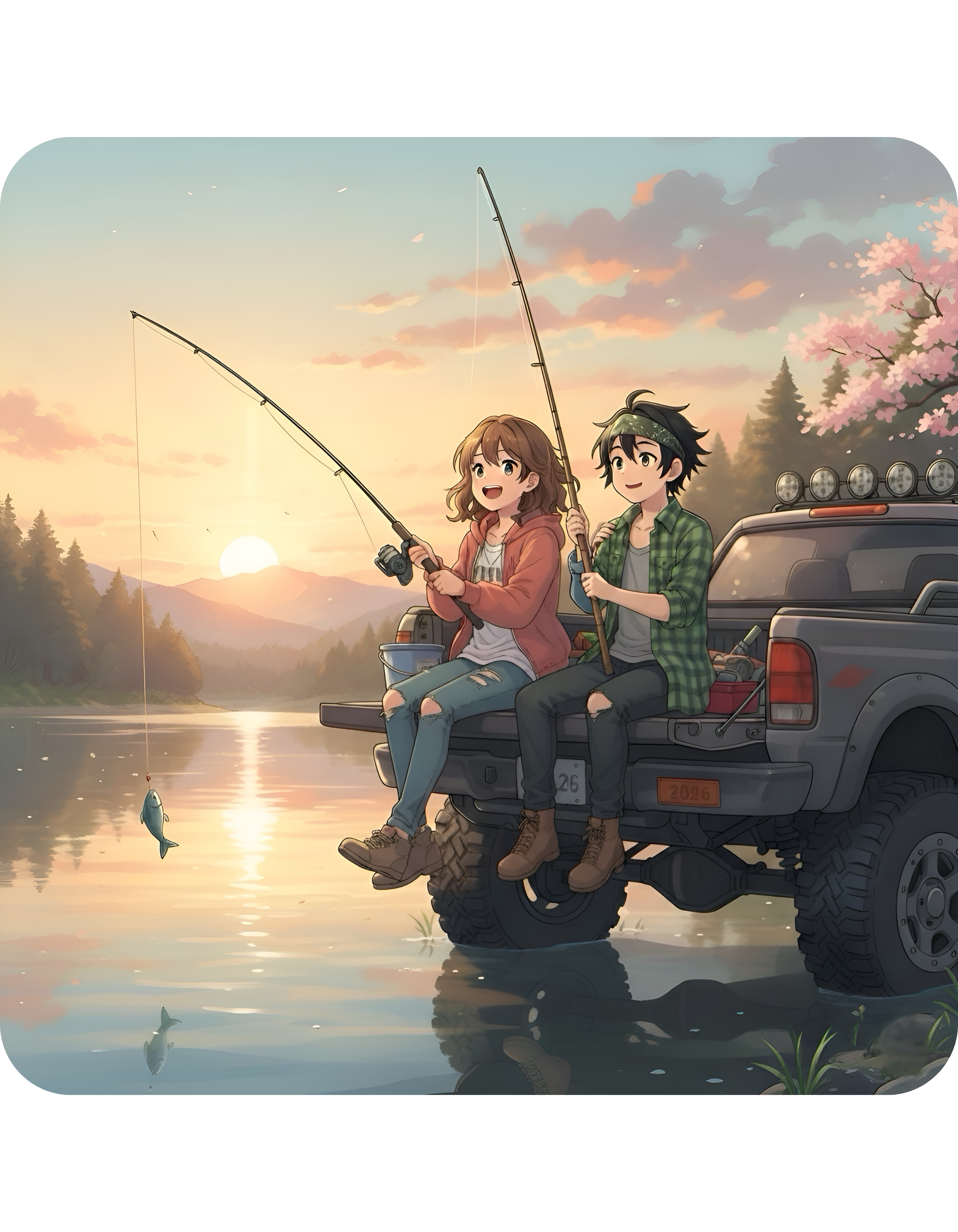 Romantic Sunset Lake Fishing Couple White Ceramic Mug — Sunrise Lake, Truck & Rod Anime Camping Adventure 11oz/15oz