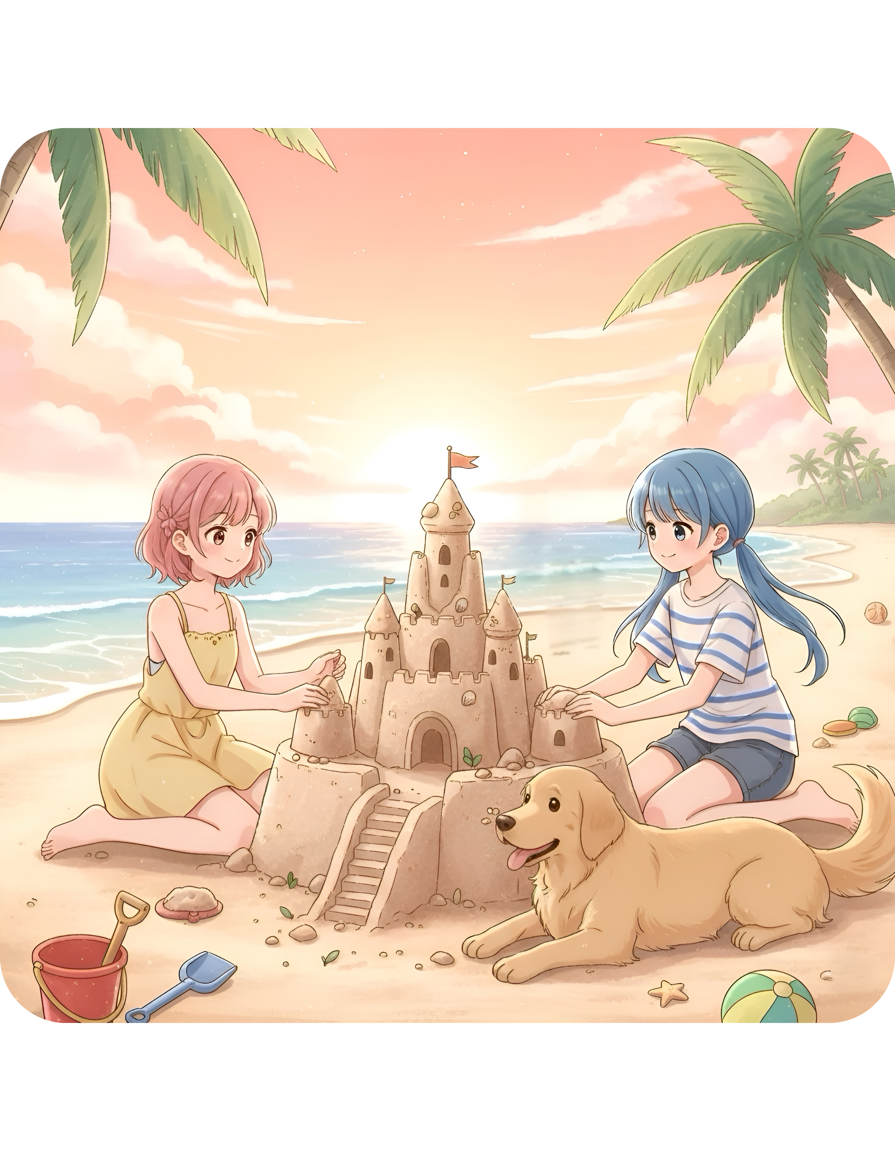 Sisters and BFF Summer Beach Sandcastle White Ceramic Mug — Tropical Manga Ocean Sunset and Golden Retriever Cup (11oz/15oz)