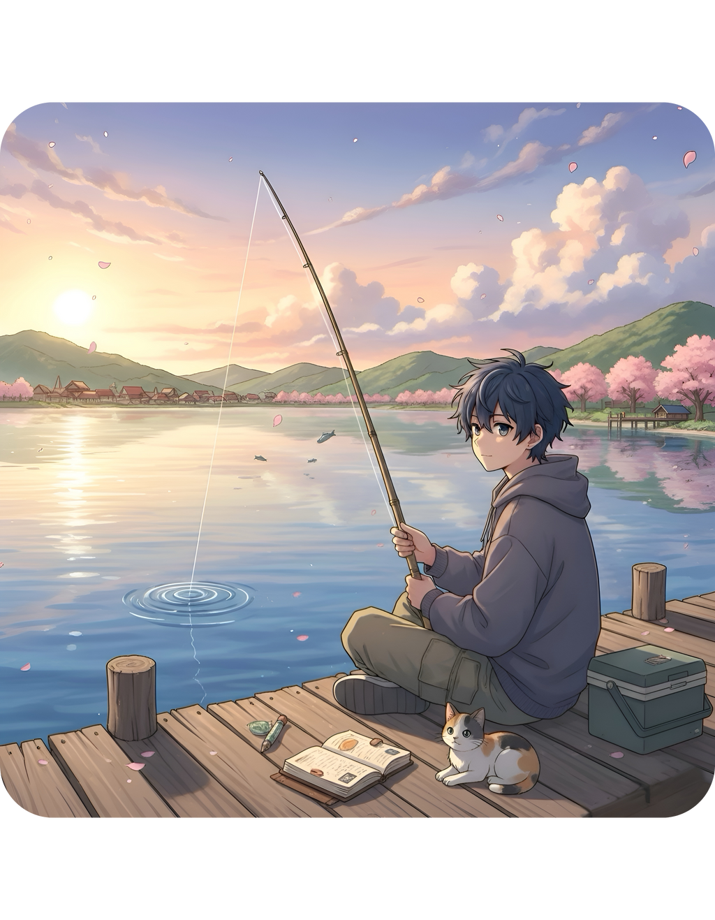 Dock Fishing At Sunset With My Calico Cat White Ceramic Mug — Serene Lake Pier Tea Cup (11oz/15oz)