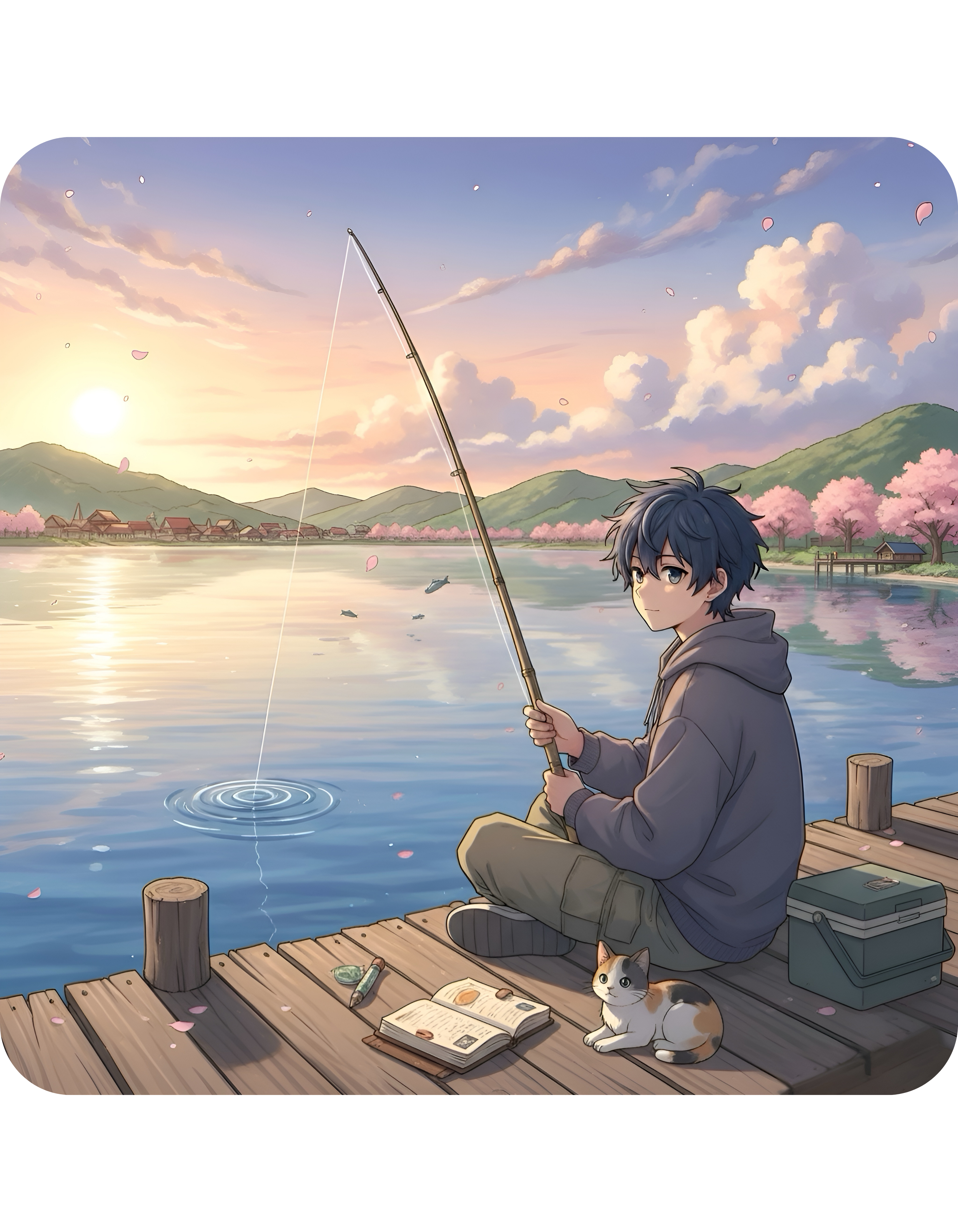 Dock Fishing At Sunset With My Calico Cat White Ceramic Mug — Serene Lake Pier Tea Cup (11oz/15oz)
