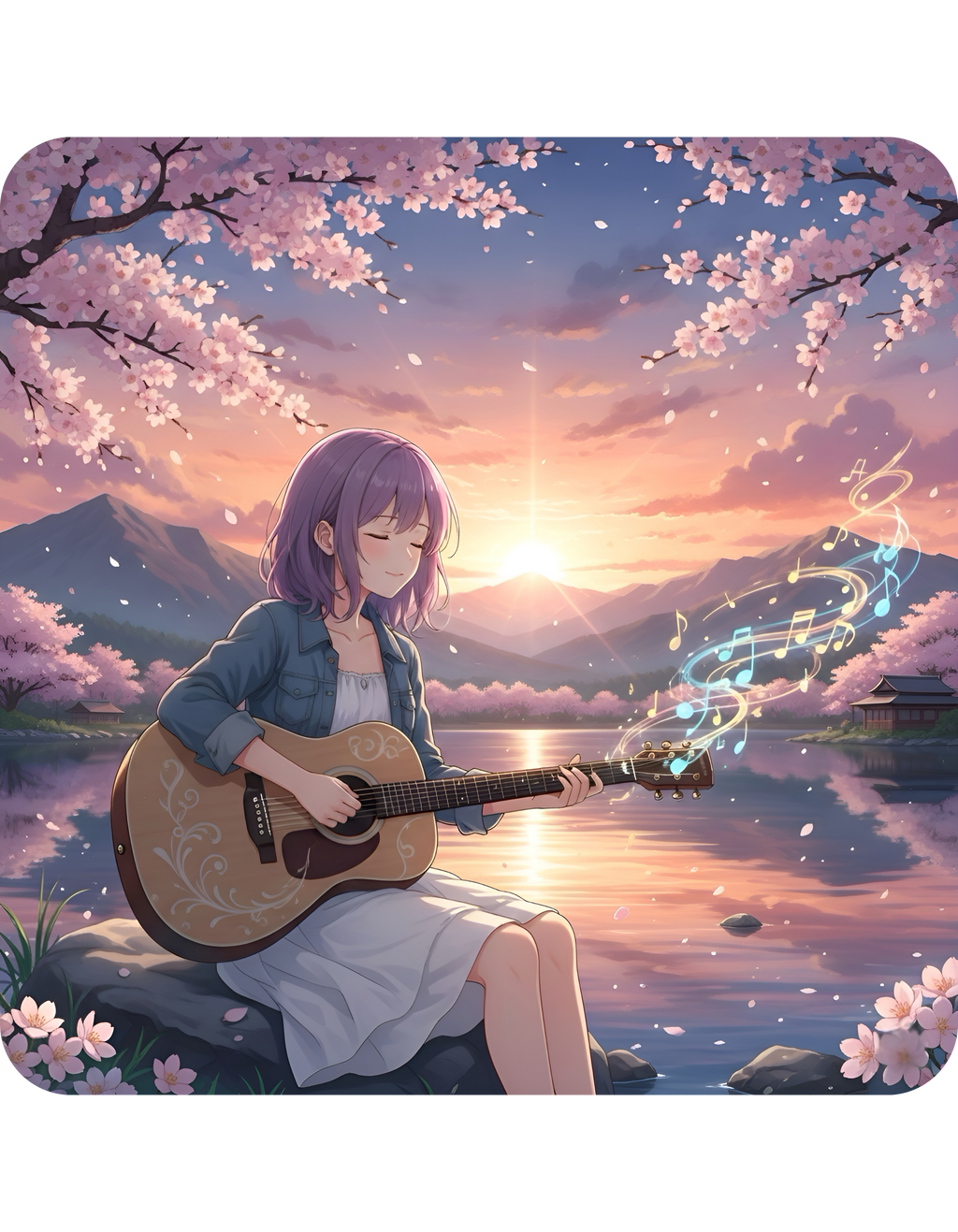 Cozy Sakura Guitarist Cherry Blossom White Ceramic Mug — Romantic Sunset Lake Melody Floral Tea Cup (11oz/15oz)