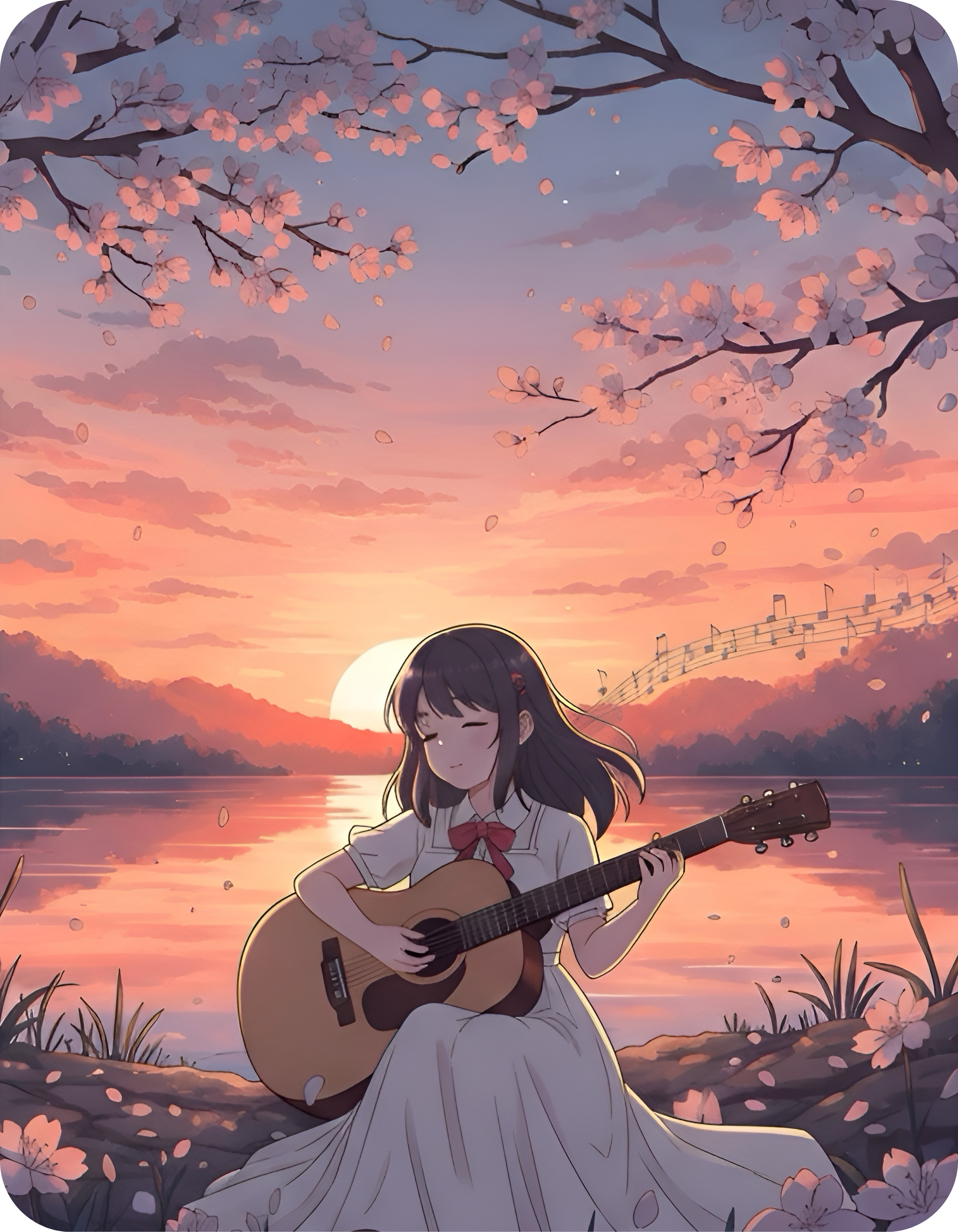 Little Melody Anime Sunset Reflections White Ceramic Mug — Scenic Cherry Blossom Mountain Lake Guitar Cup (11oz, 15oz)