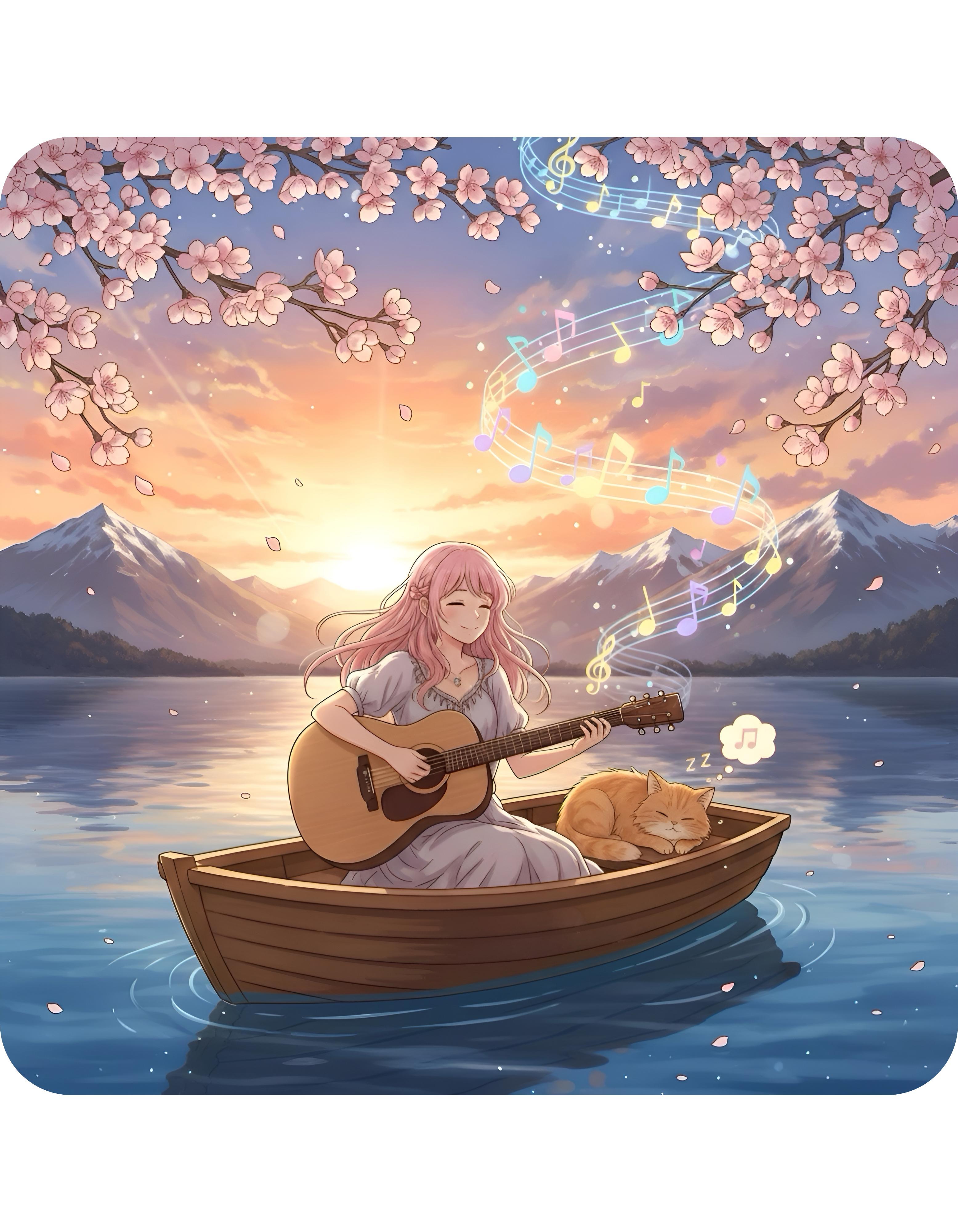 Cozy Guitarist And Her Sleeping Ginger Cat White Ceramic Mug — Japanese Cherry Blossom Mountain Anime Cup (11oz/15oz)