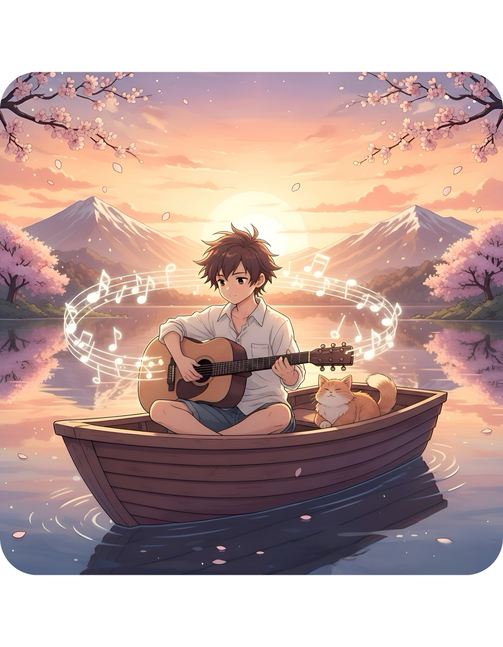 Young Guitarist & Ginger Cat Sunset Lake White Ceramic Mug — Tranquil Nature Musical Companions Cup (11oz, 15oz)
