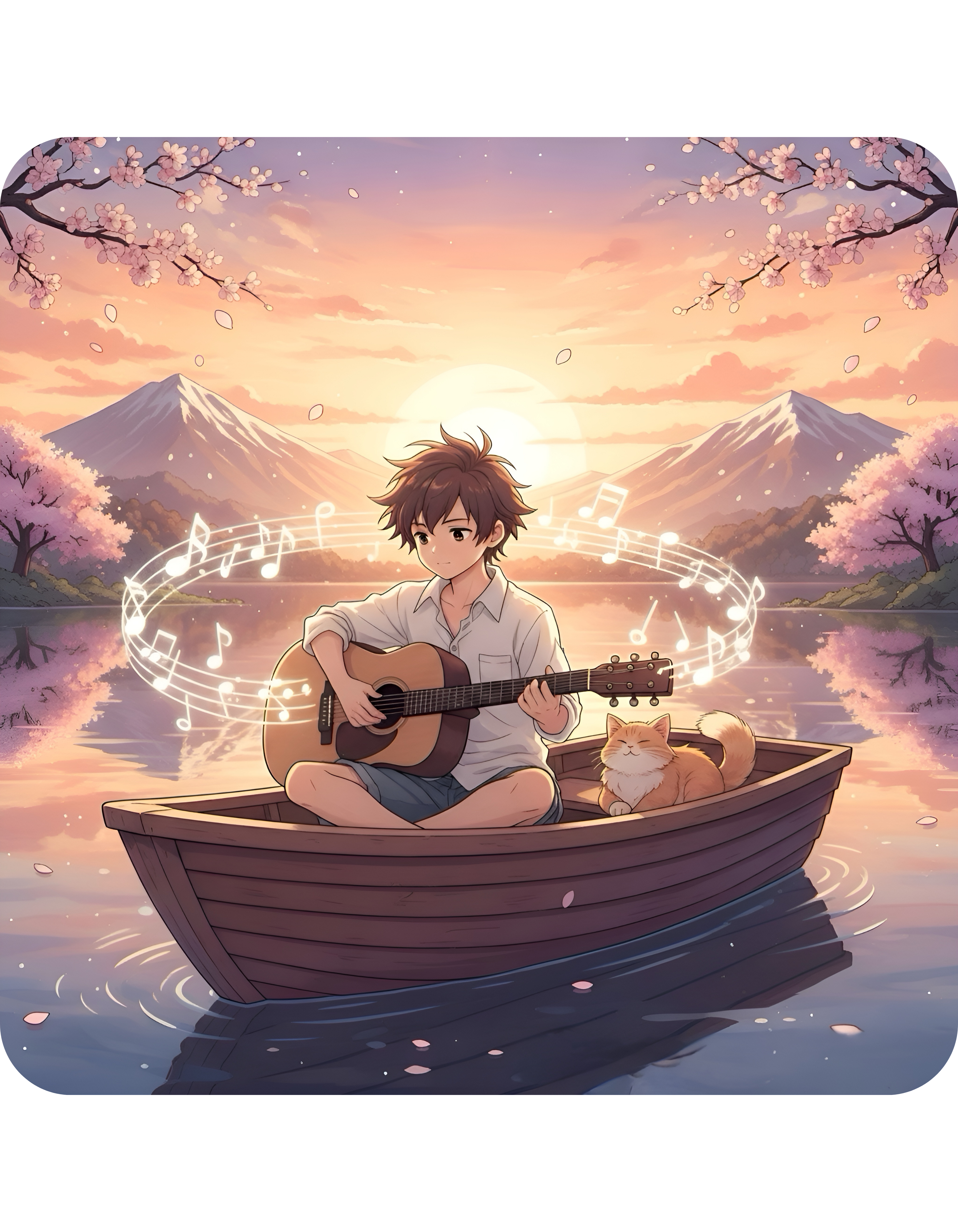 Young Guitarist & Ginger Cat Sunset Lake White Ceramic Mug — Tranquil Nature Musical Companions Cup (11oz, 15oz)