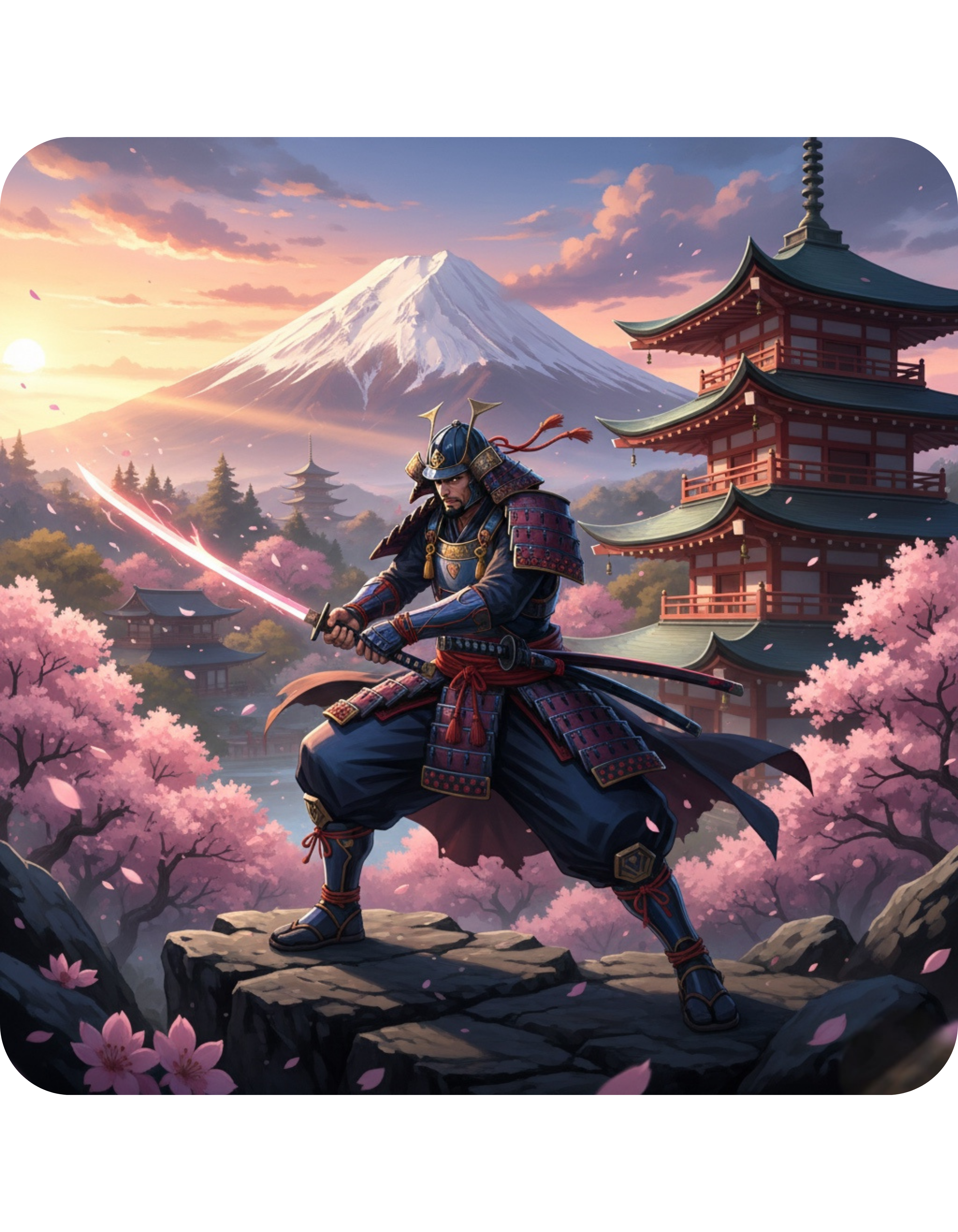 Japanese Samurai Cherry Blossom Love White Ceramic Mug (11oz/15oz),The Serene Path Mount Fuji Sunset Cup