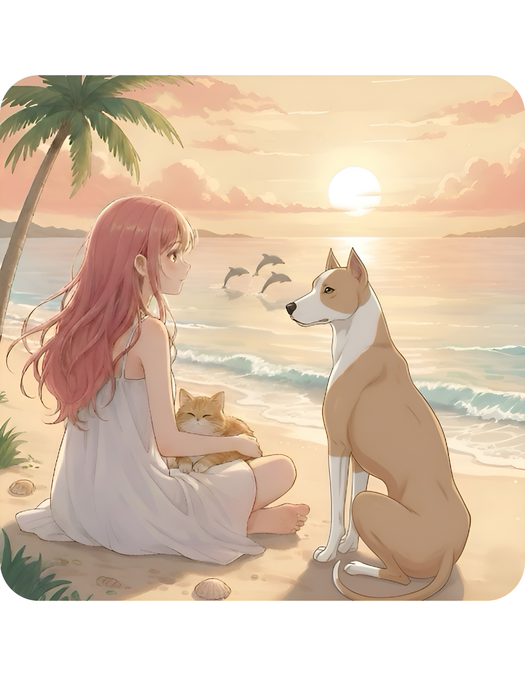 Pitbull Dog Orange Cat Sunset & Sunflower White Ceramic Mug — Peaceful Waves Anime Girl Boho Beach Vibes Cup (11oz, 15oz)