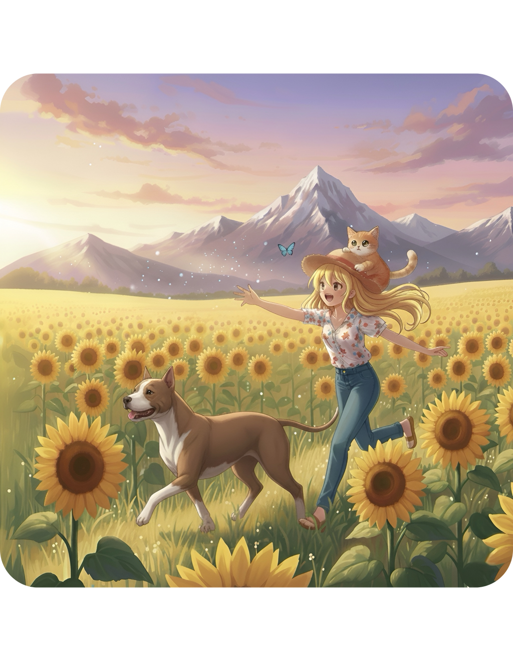 Pitbull Dog Orange Cat Sunset & Sunflower White Ceramic Mug — Peaceful Waves Anime Girl Boho Beach Vibes Cup (11oz, 15oz)