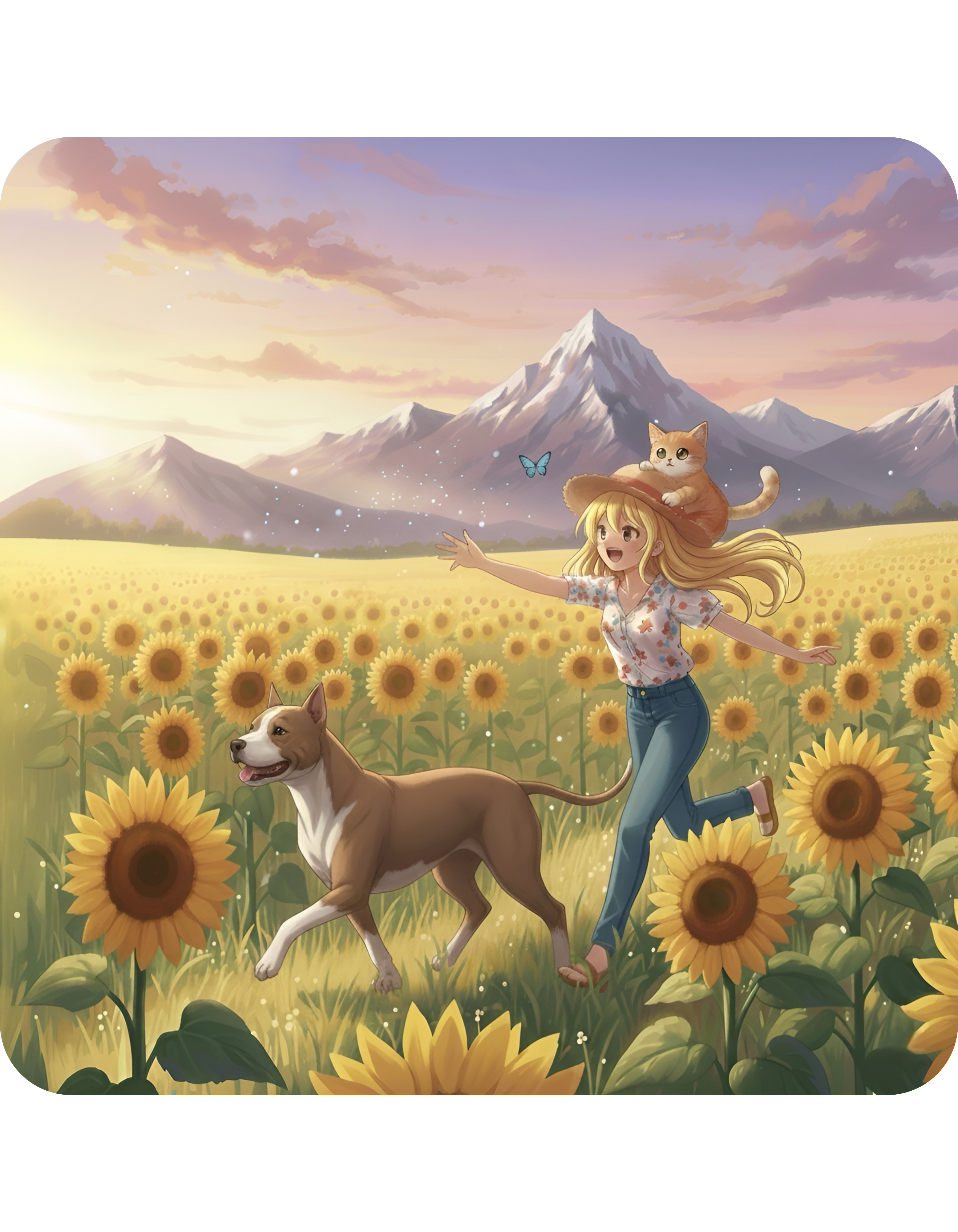 Pitbull Dog Orange Cat Sunset & Sunflower White Ceramic Mug — Peaceful Waves Anime Girl Boho Beach Vibes Cup (11oz, 15oz)